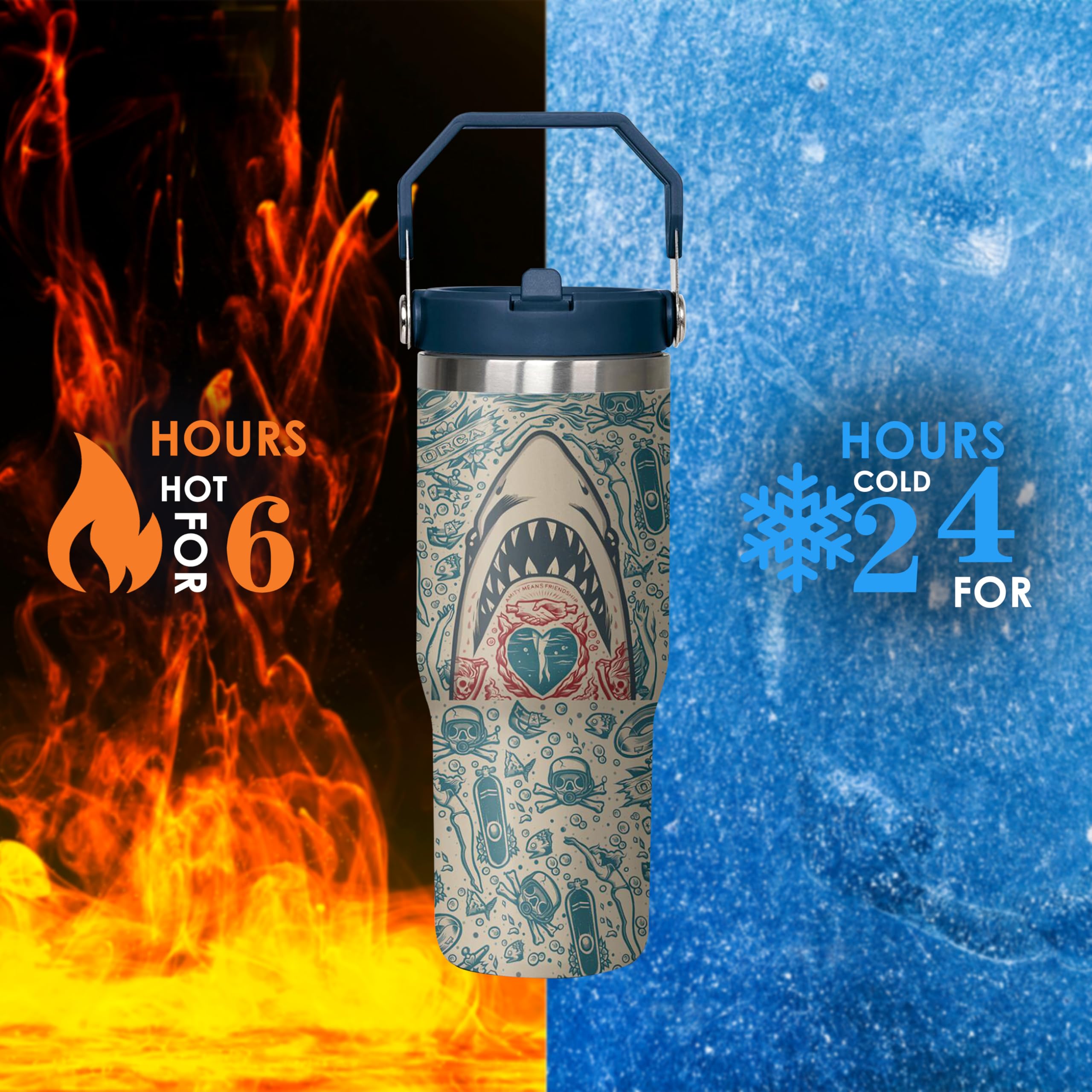 30 Oz Shark White Flip Straw Tumbler With Top Handle For Sharkhead White Lover Resuable