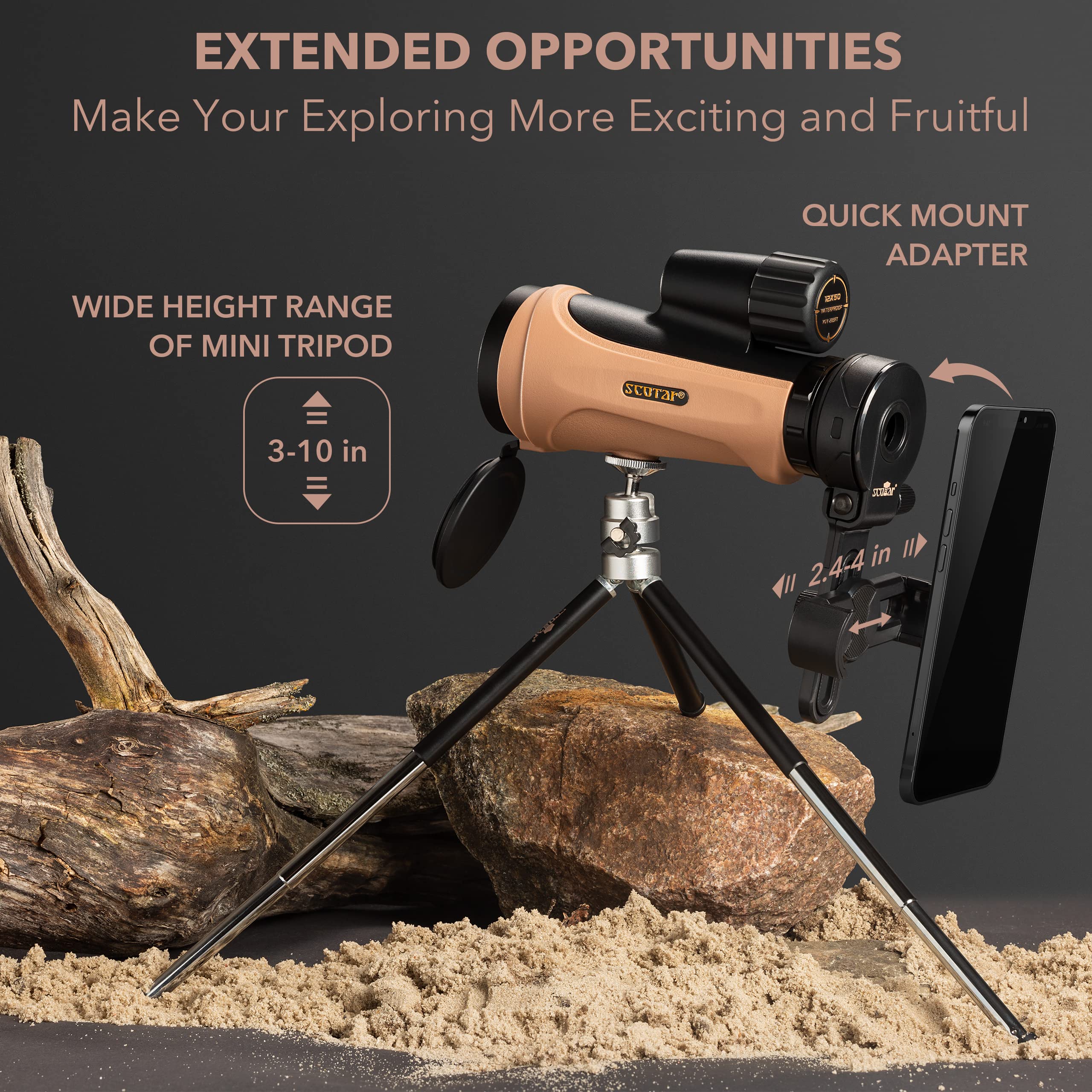 Scotar 12X50 Monocular Telescope - Fmc Fogproof, Ip67 Waterproof Hand Held Telescope - Bak4 Phase And Dielectric Coated Prism - Adventure Accessories Set: Bag, Smartphone Adapter, Mini Tripod