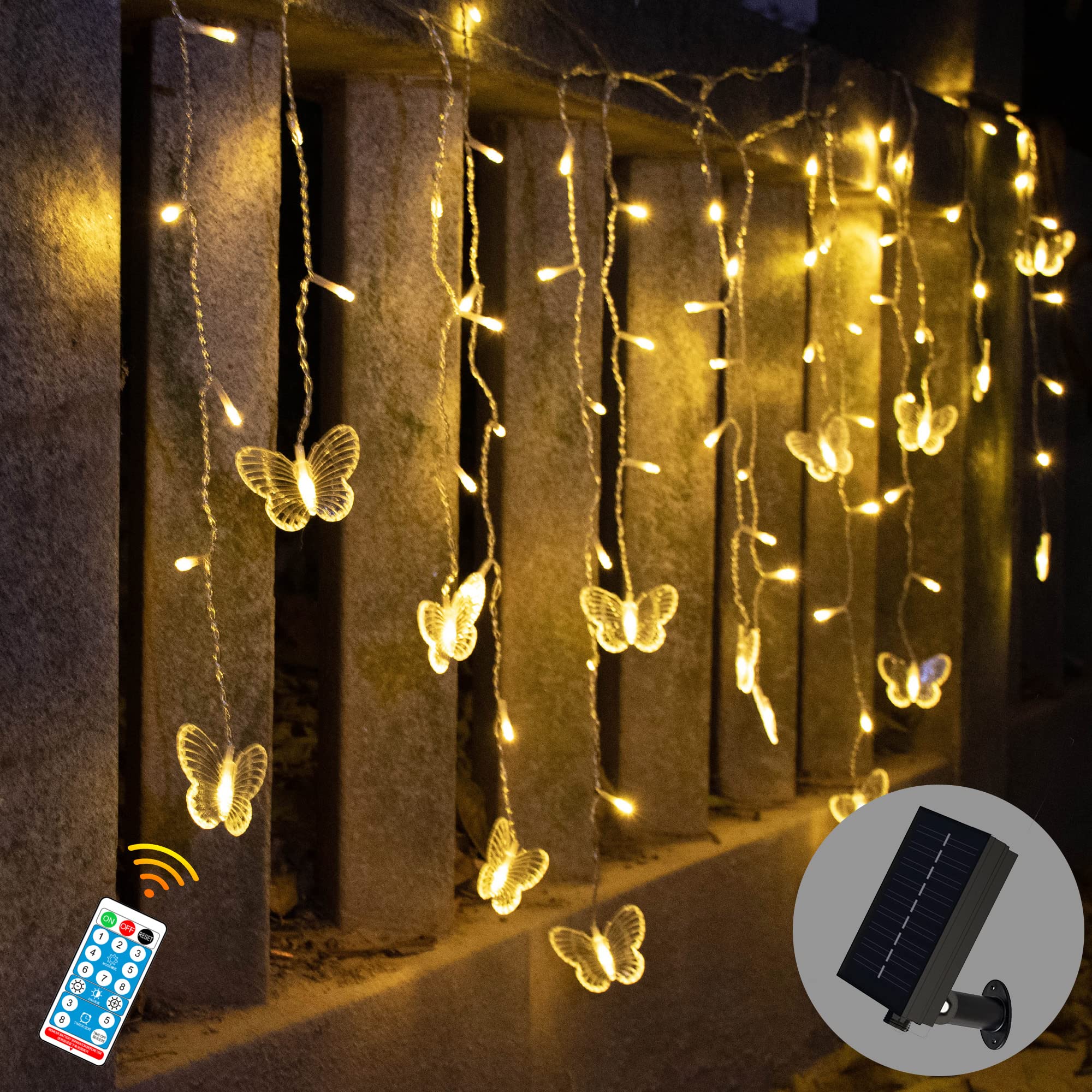 Yolight Butterfly Solar Lights Outdoor 13Ft Led Fairy Curtain Light With Remote, Usb Rechargable Waterproof Solar Firefly Light Butterfly Decor For Garden Patio Balcony Fence Tent Easter (Warm White)