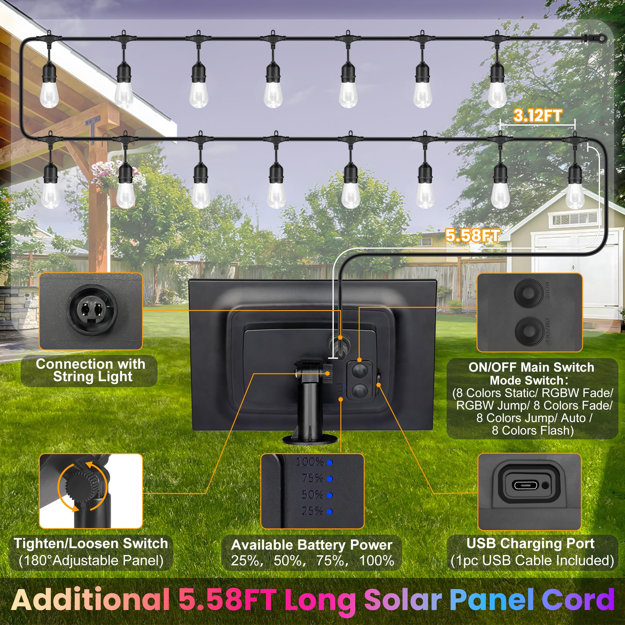 Larkvue 100Ft(2X50Ft) Rgb Solar Outdoor String Lights With Remote, Multicolor&Warm White Dimmable Waterproof Patio Lights With 30 Led S14 Bulbs-Black