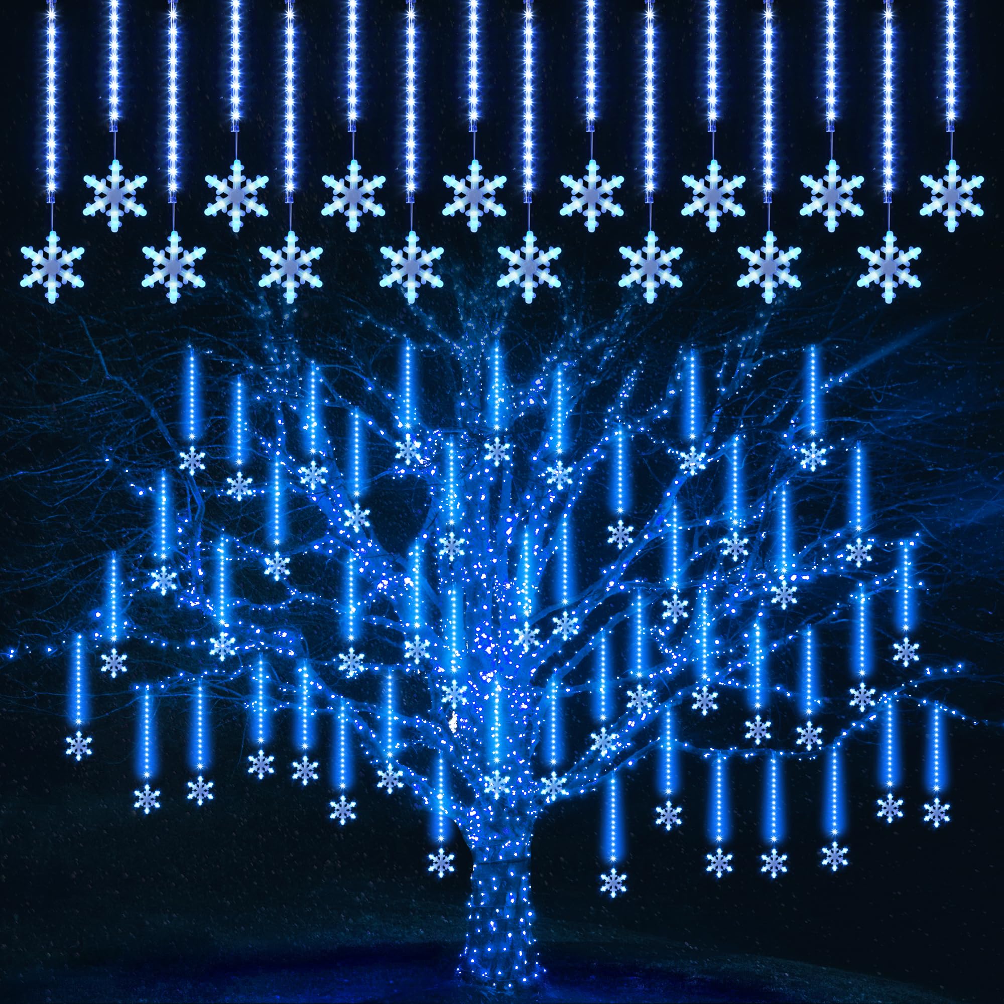 Enhon 2 Pack Meteor Shower Snowflake Lights Outdoor With Timer, Total 480 Led 12In 16 Tube Connectable Waterproof Meteor Rain Drop Christmas Light With Snowflake For Xmas Tree Roof Garden(Blue)