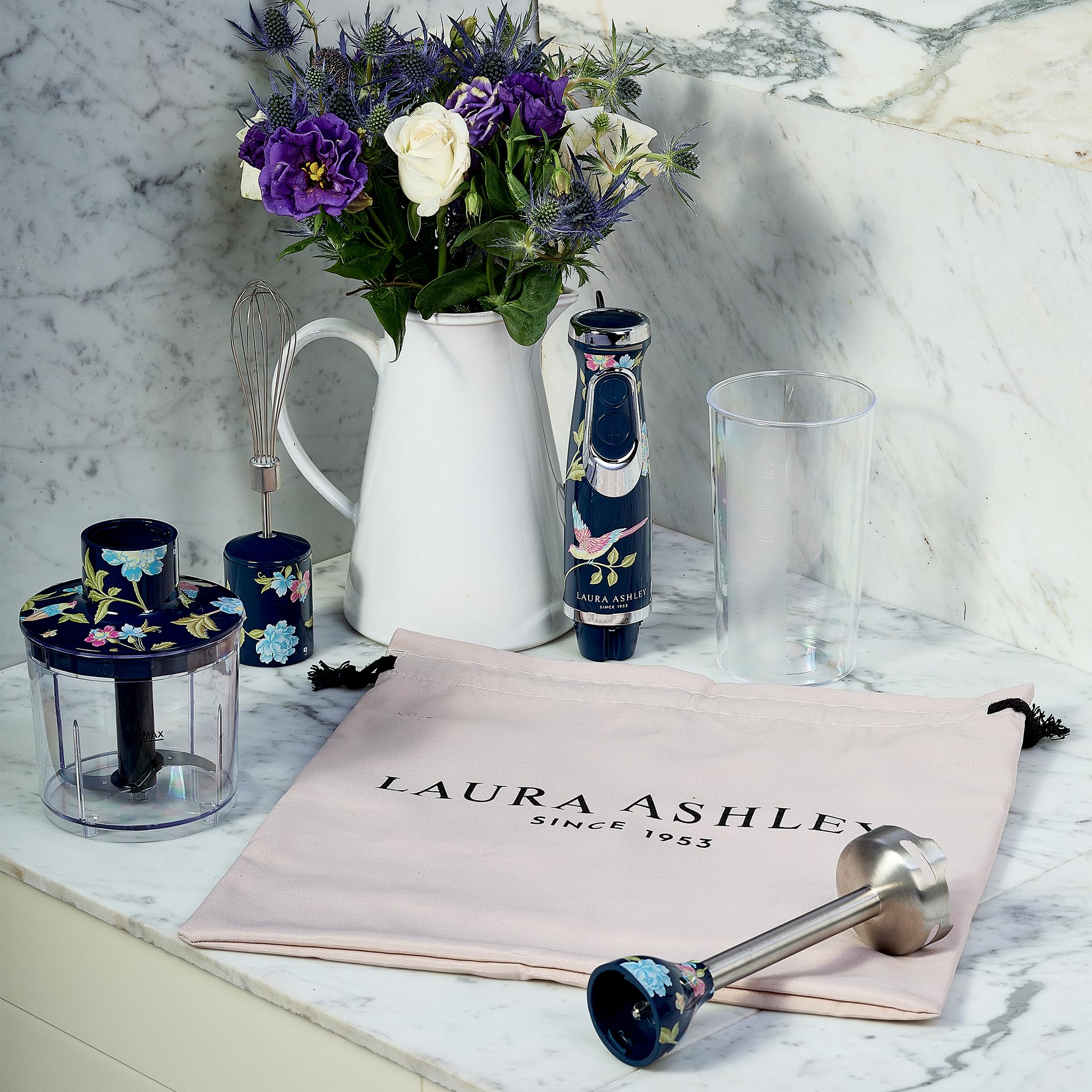 Laura Ashley 150W Immersion Blender Handheld 4 In 1 Electric Hand Blender For Kitchen With Durable Stainless Steel Blades, Whisk & 300Ml Mixing, Pouring Cup 2 Speed Modes Hand Held Stick Blender