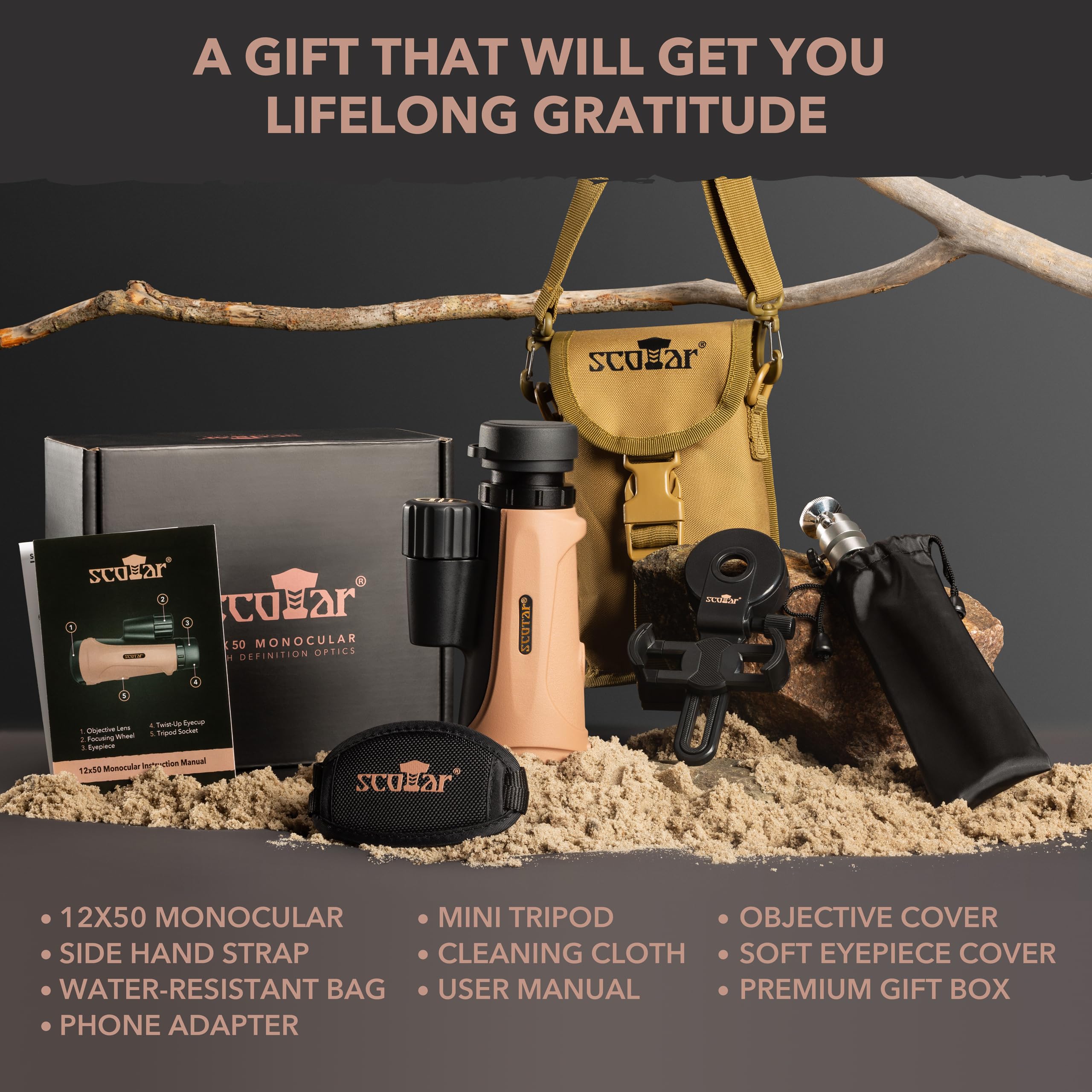 Scotar 12X50 Monocular Telescope - Fmc Fogproof, Ip67 Waterproof Hand Held Telescope - Bak4 Phase And Dielectric Coated Prism - Adventure Accessories Set: Bag, Smartphone Adapter, Mini Tripod