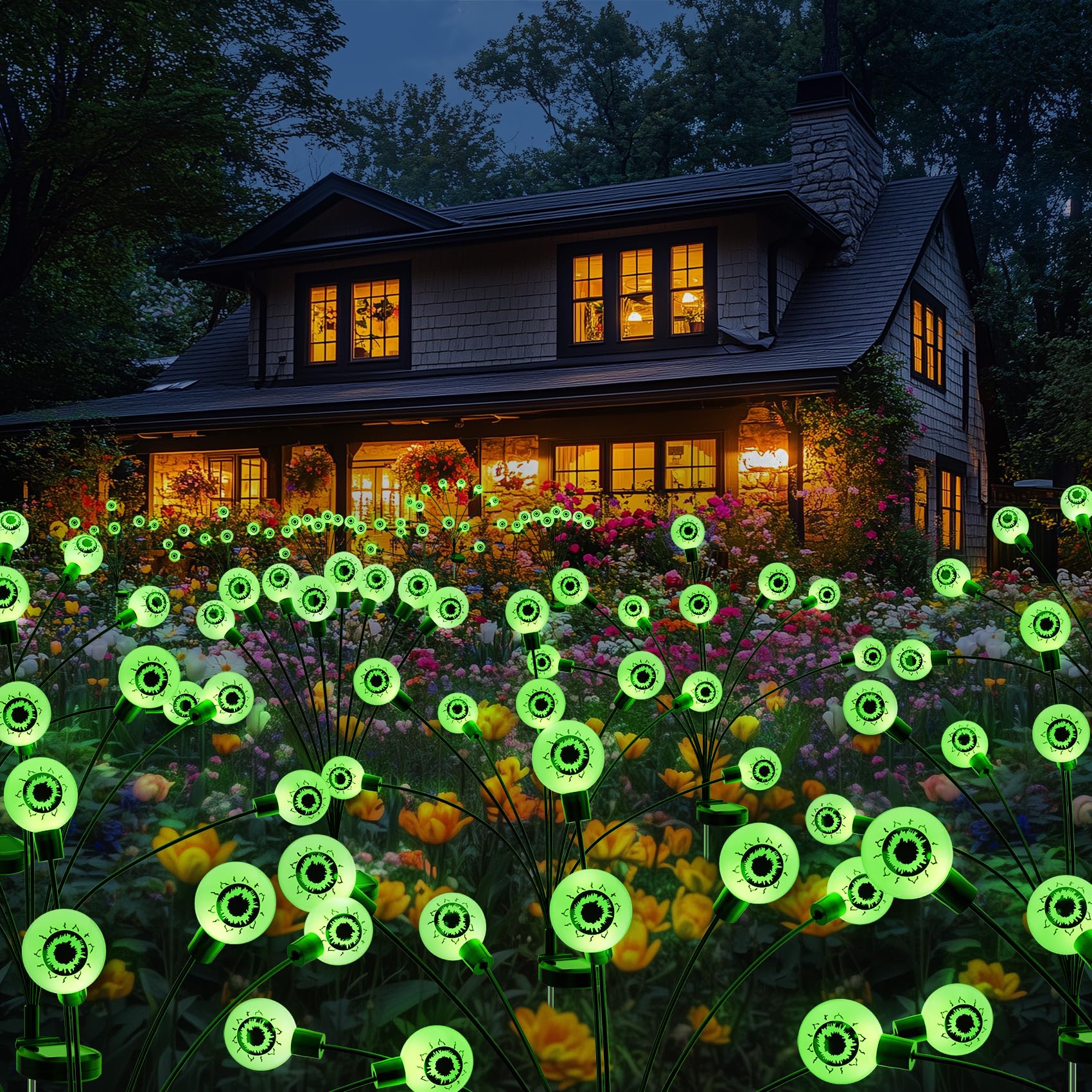 Ahongem Solar Halloween Lights Decorations Outdoor: 2 Pack 16Led Scary Eyeball Light Swaying For Yard Decor - Green Firefly Ghost Lighting Garden Lawn Pathway Party Outside Decorative