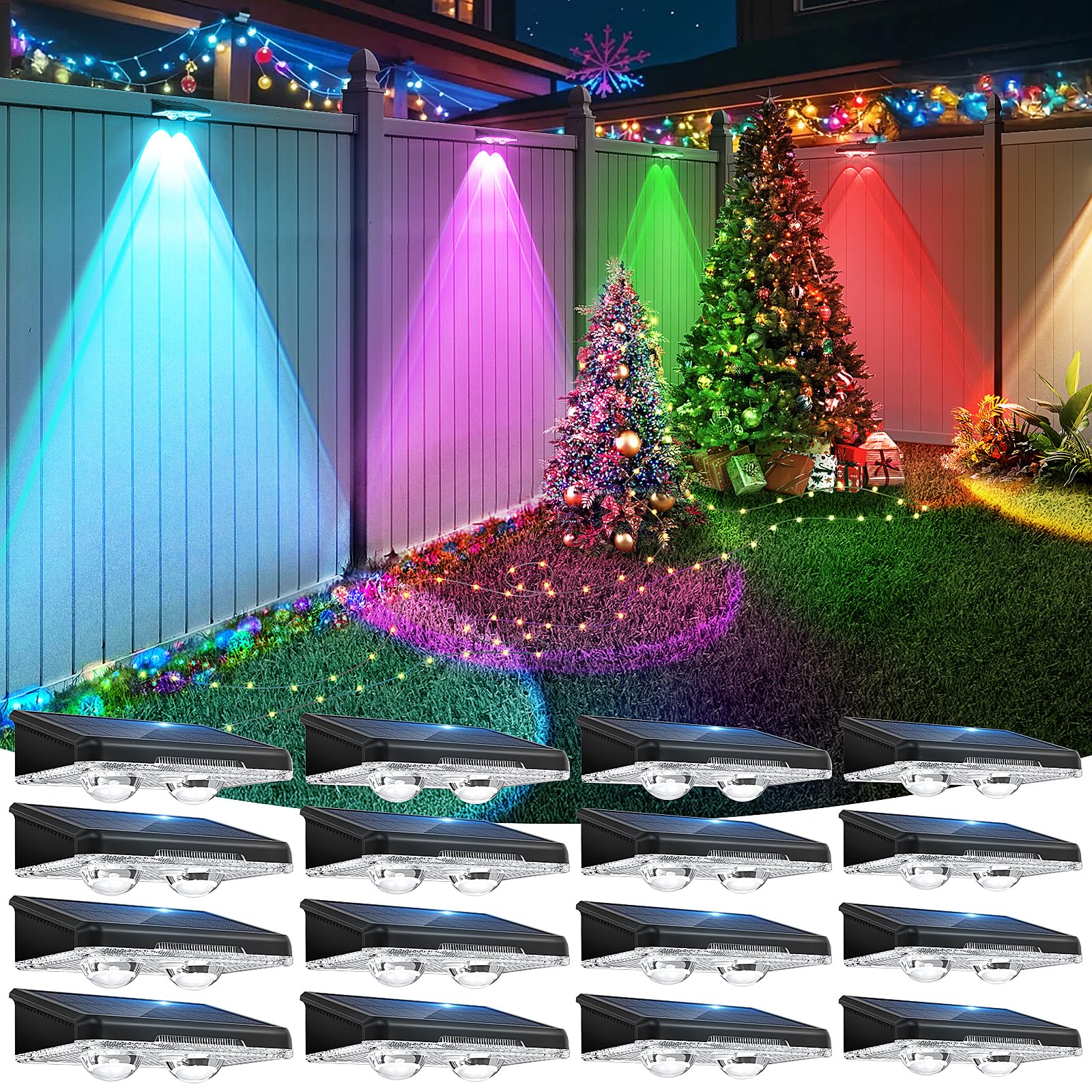 Apilab Solar Fence Lights Outdoor 16 Pack - 8 Modes (Rgb Cycle/Fixed), Solar Powered Ip65 Waterproof, Auto Dusk To Dawn Fence Light, Solar Lights Decor For Deck, Step, Wall, Patio, Pathway, Stairs