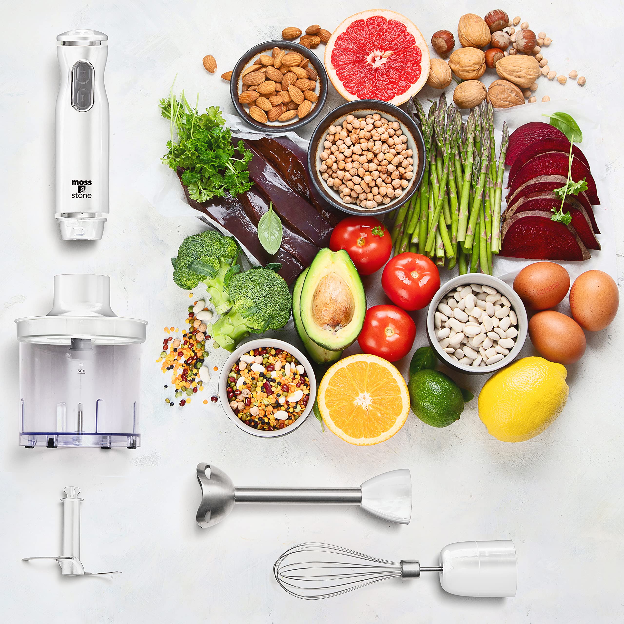 Moss & Stone Hand Blender With Egg Whisk & Chopper, Powerful 300 Watt Stick Blender, Hand Mixer Set Stainless Steel Shaft & Blades, White Handheld Blender With Ergonomic Handle