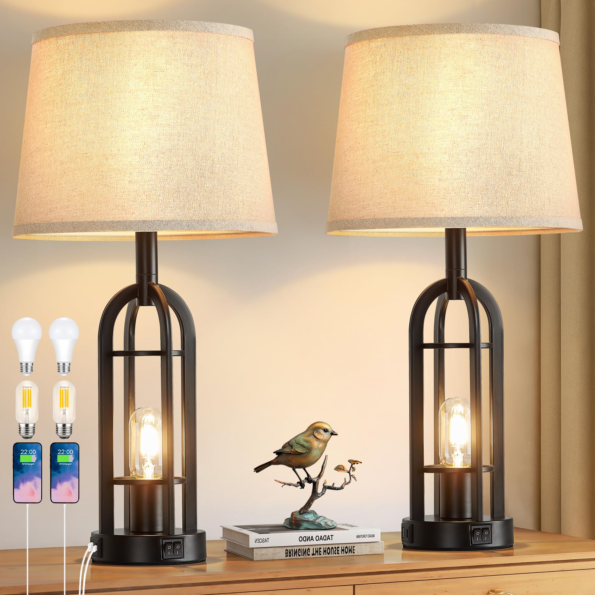 Srjja Black Table Lamps For Living Room Set Of 2 - Farmhouse Lamps For Night Stands With Usb A+C, Bedside Lamps For Bedroom, 24'' Industrial Lamp For Living Room End Tables