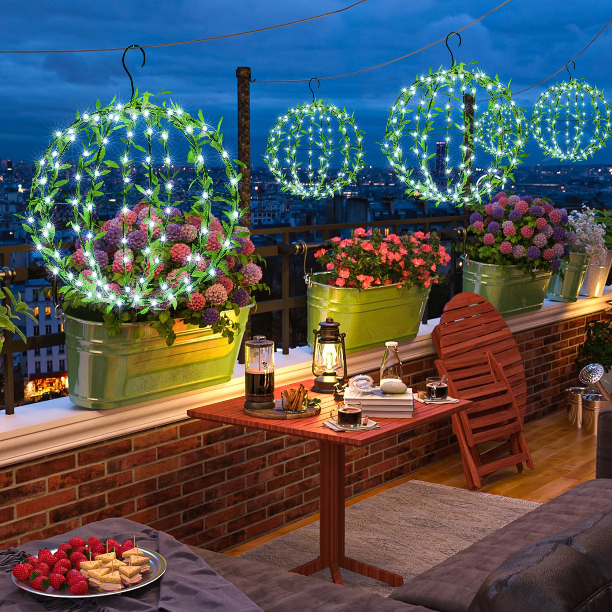 Flacchi Solar Powered Hanging Iron Sphere Lights With Artificial Greenery – 12Inch 120 Led Waterproof Outdoor Decor Ball Light With Timer & 8 Modes – 2 Pack For Garden, Christmas, Weddings (Cool White)