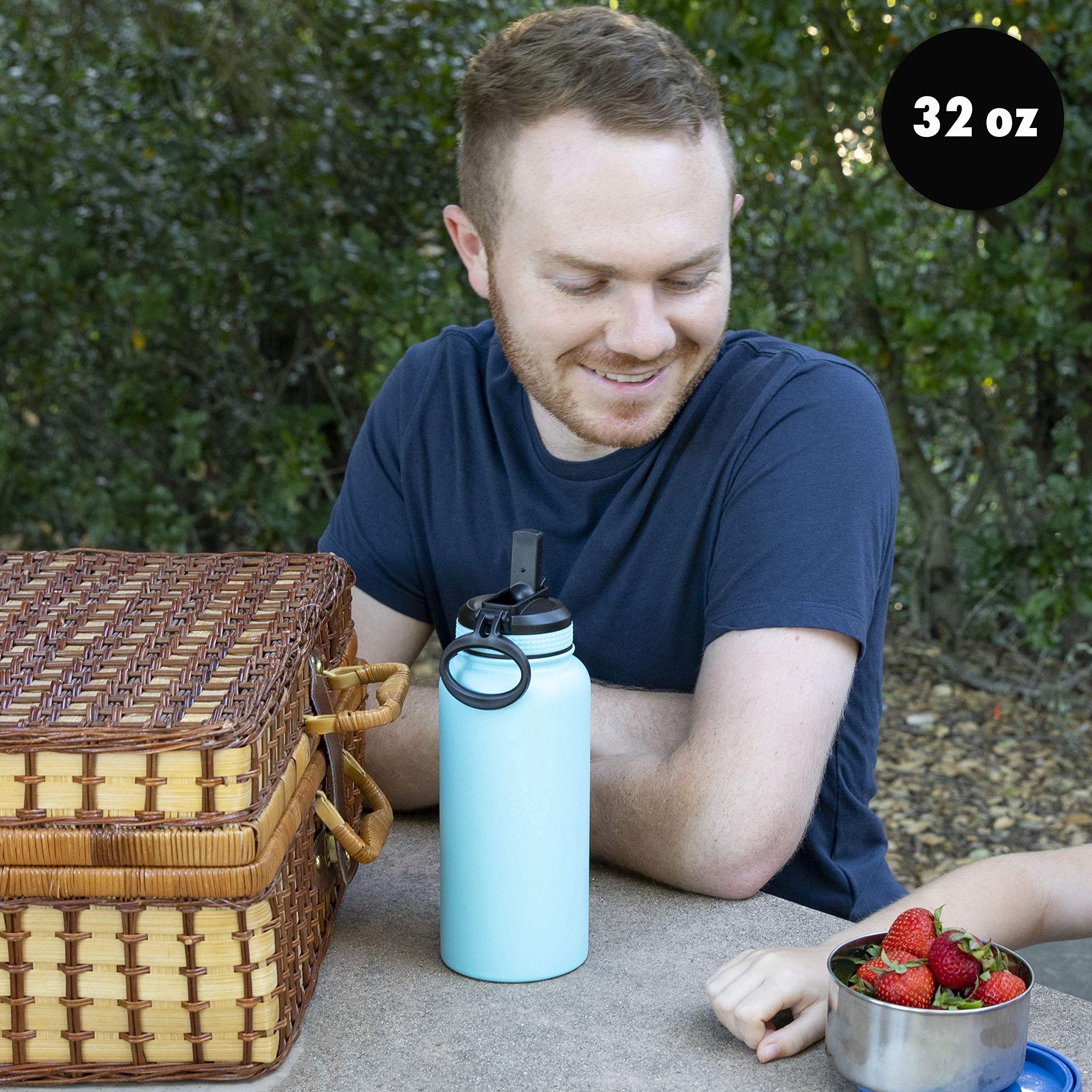 Mira 32 Oz Insulated Water Bottle - Stainless Steel Sports Flask With 2 Lids (Straw & Handle)