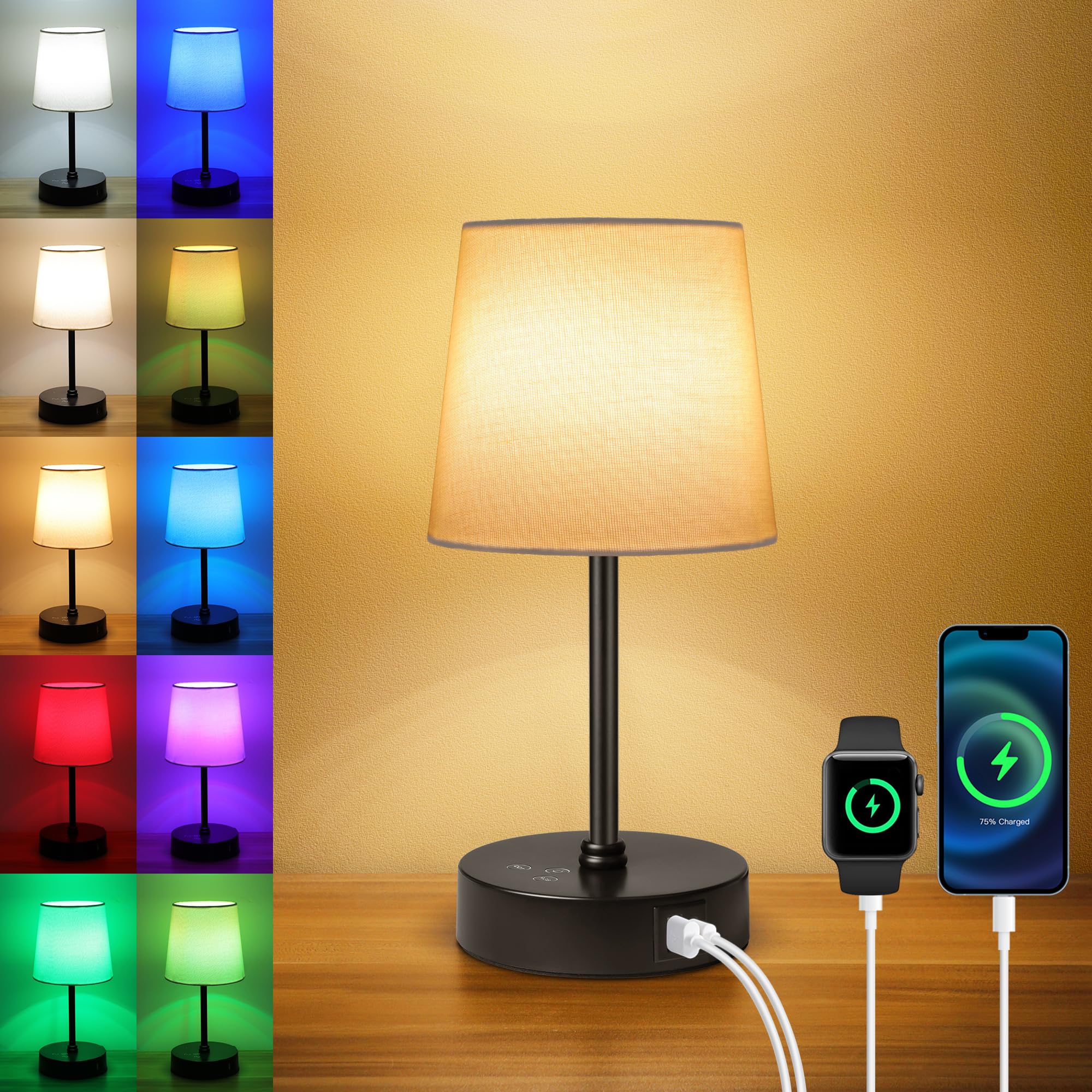 Ascher 1 Pack Small Bedside Table Lamp With 3 Color Temperatures, Dimmable Nightstand Lamps With Dual Usb Ports, Touch Control Rgb Color Desk Lamp For Bedroom Living Room Study Office(Cream Shade)