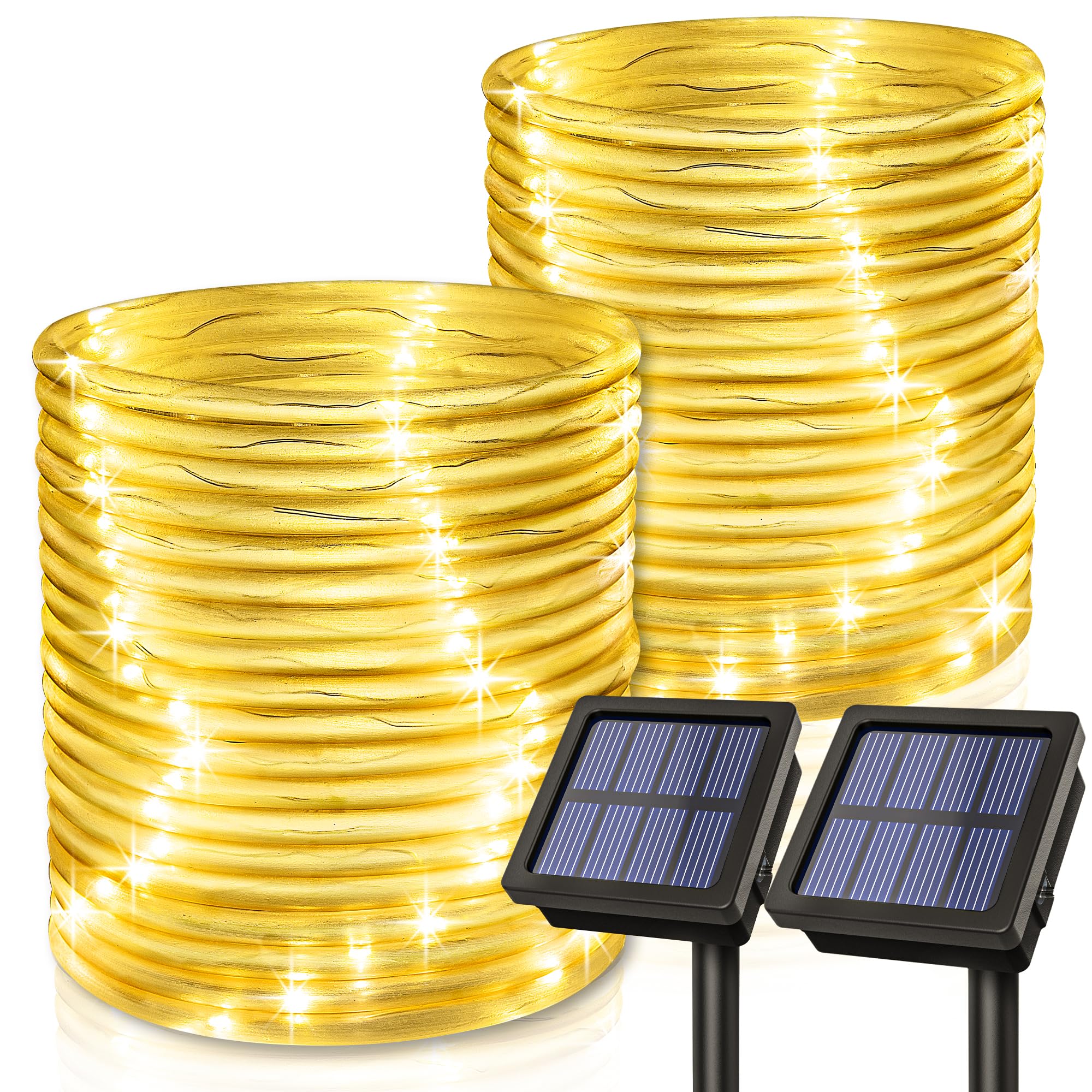 Gigalumi 2 Pack Solar Lights, Each With 100 Leds 35.7 Ft 8 Modes, Waterproof Outdoor Rope Lights For Balcony Fence Patio Backyard Camping (Warm White)