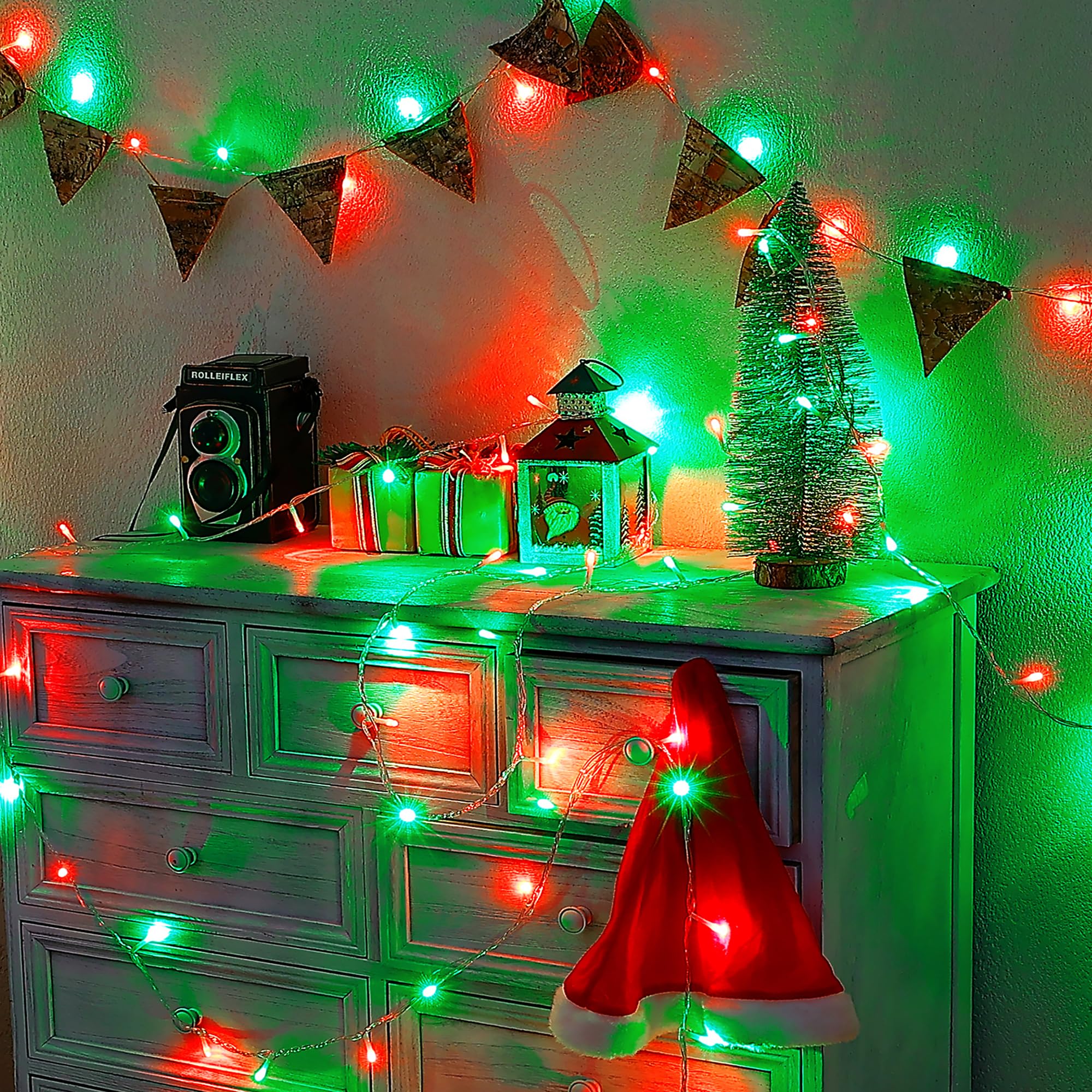 Hopolon Christmas Lights Outdoor Indoor,Red And Green 100 Led Christmas String Lights,33Ft Extendable Waterproof Clear Wire Twinkle Light Plug In For Xams Tree Wedding Party Yard Patio Garden
