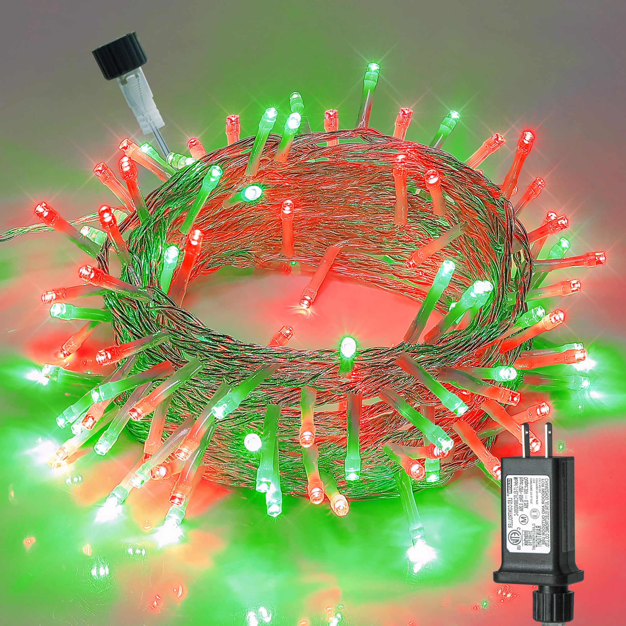 Hopolon Christmas Lights Outdoor Indoor,Red And Green 100 Led Christmas String Lights,33Ft Extendable Waterproof Clear Wire Twinkle Light Plug In For Xams Tree Wedding Party Yard Patio Garden
