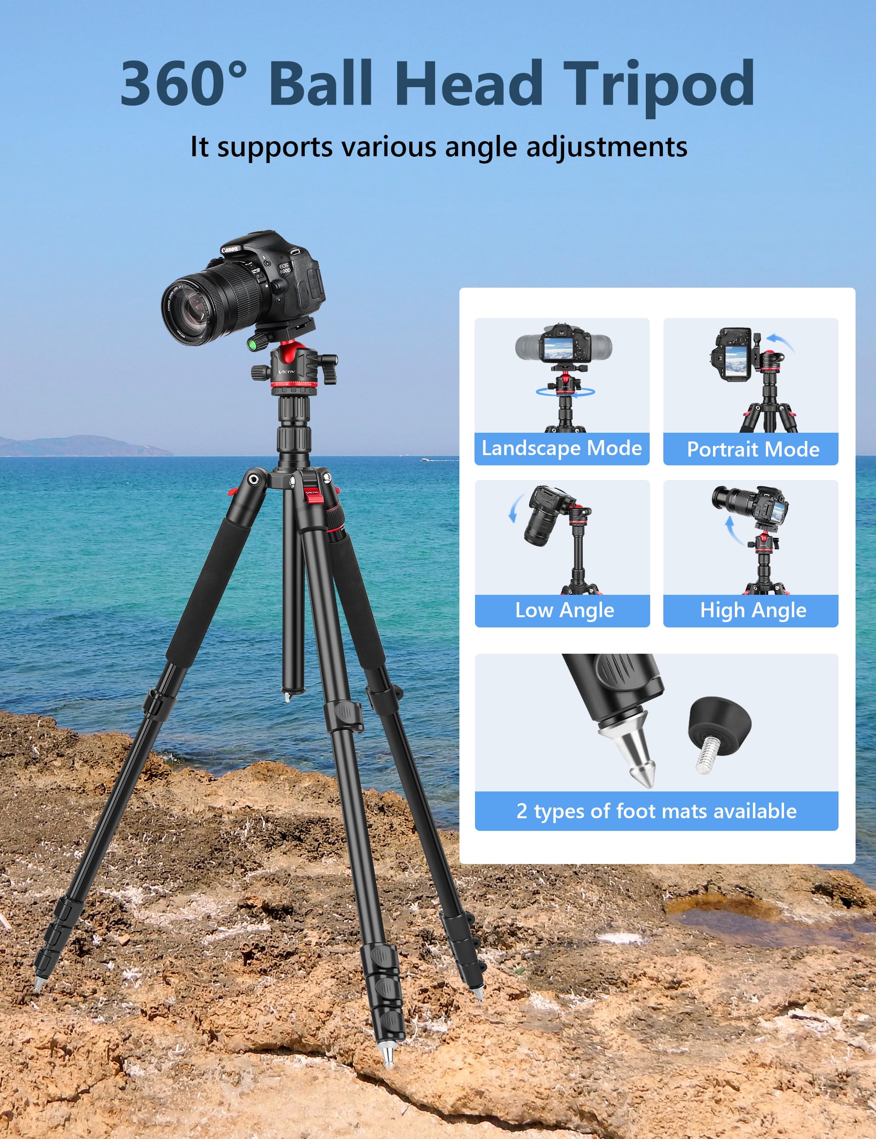 Victiv 78" Aluminum Camera Tripods & Monopods, Compact Travel Tripod For Camera Dslr, Spotting Scope,Telescope, Binoculars, Porfessional Heavy Duty Camera Stand For Photography Video Recording
