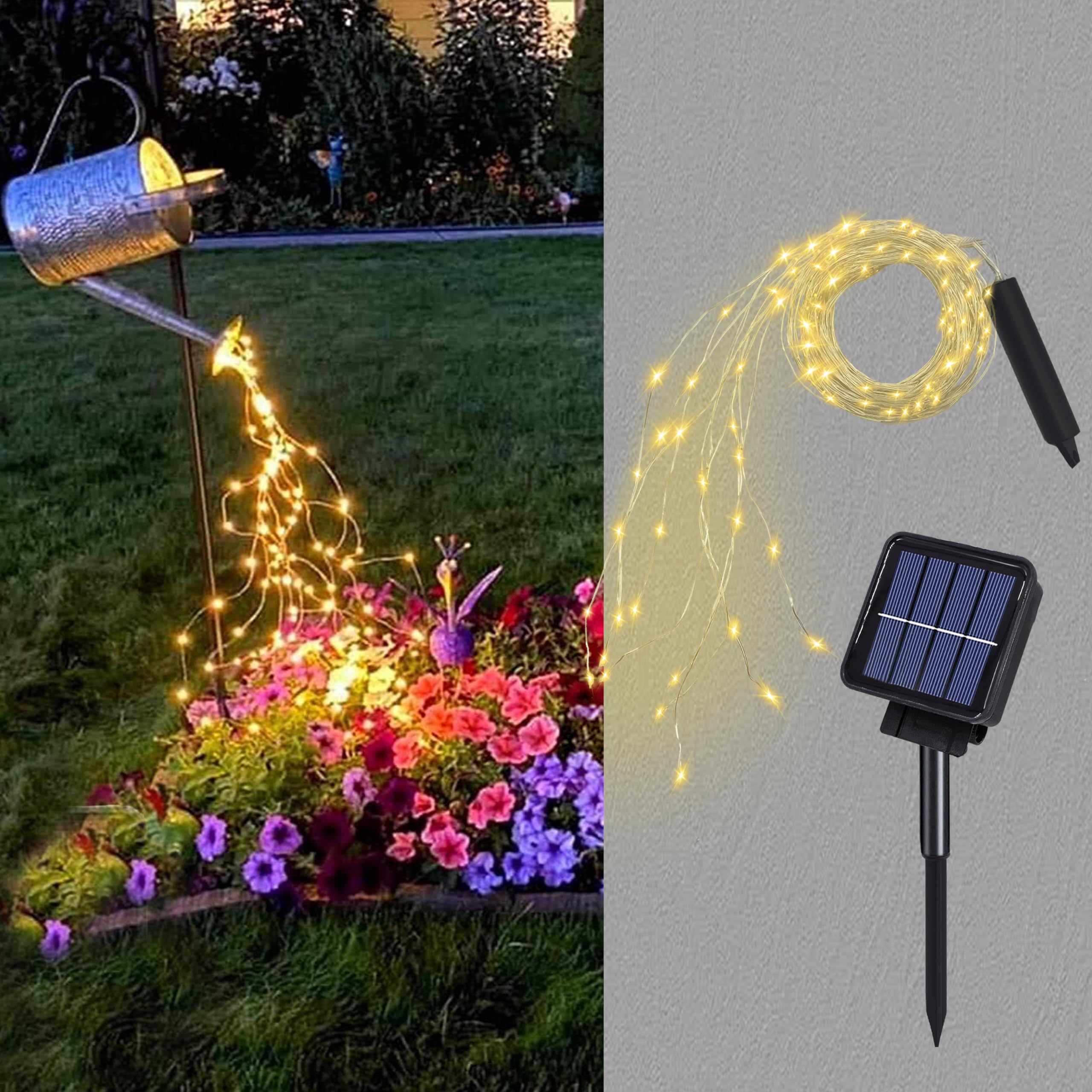 Angmln Solar Waterfall Fairy Bunch Lights Outdoor Waterproof 200Leds 8 Modes Watering Can Light (No Can), Solar Powered String Lights Firefly Vine Christmas Tree Garden Decorations Gardening  For Mom