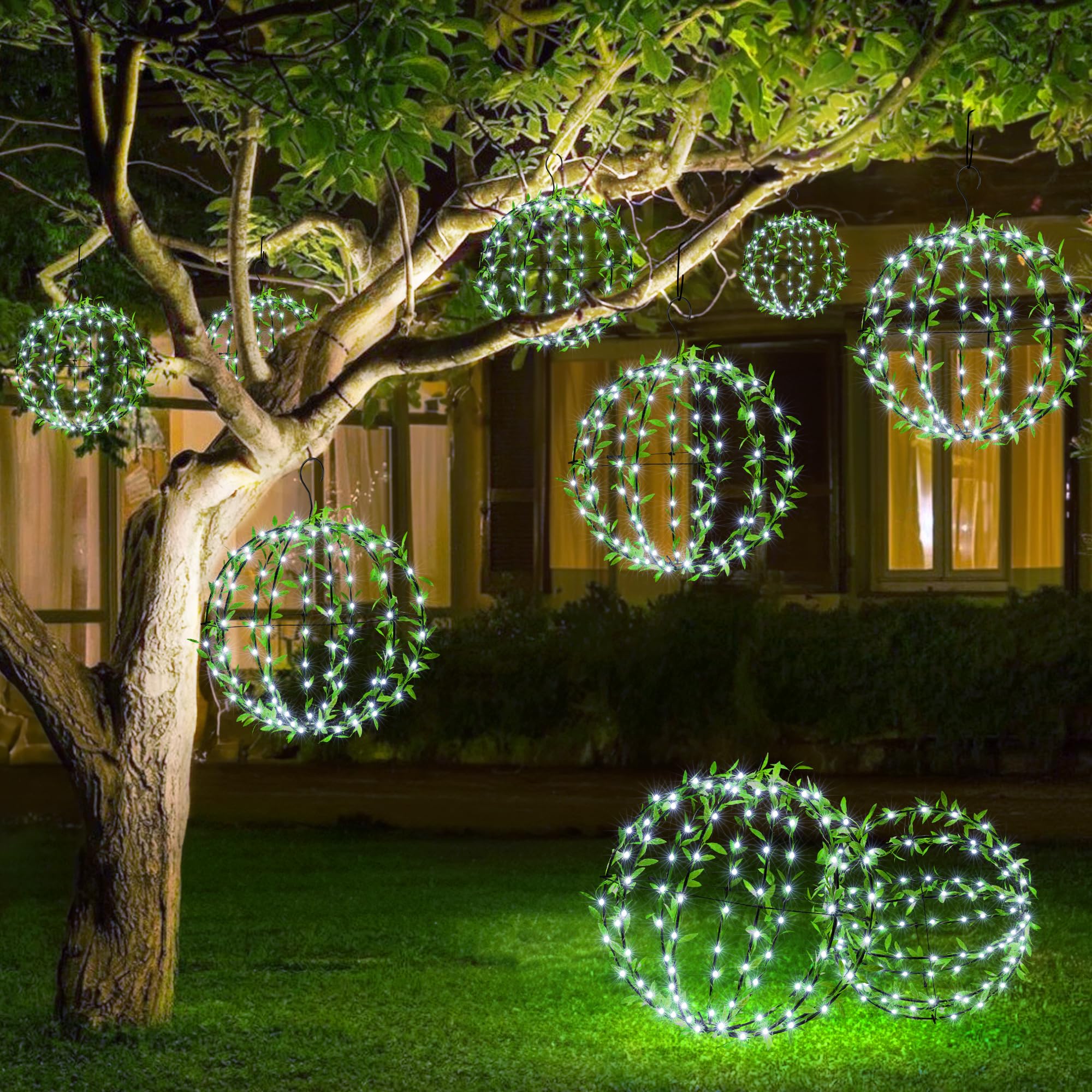 Flacchi Solar Powered Hanging Iron Sphere Lights With Artificial Greenery – 12Inch 120 Led Waterproof Outdoor Decor Ball Light With Timer & 8 Modes – 2 Pack For Garden, Christmas, Weddings (Cool White)
