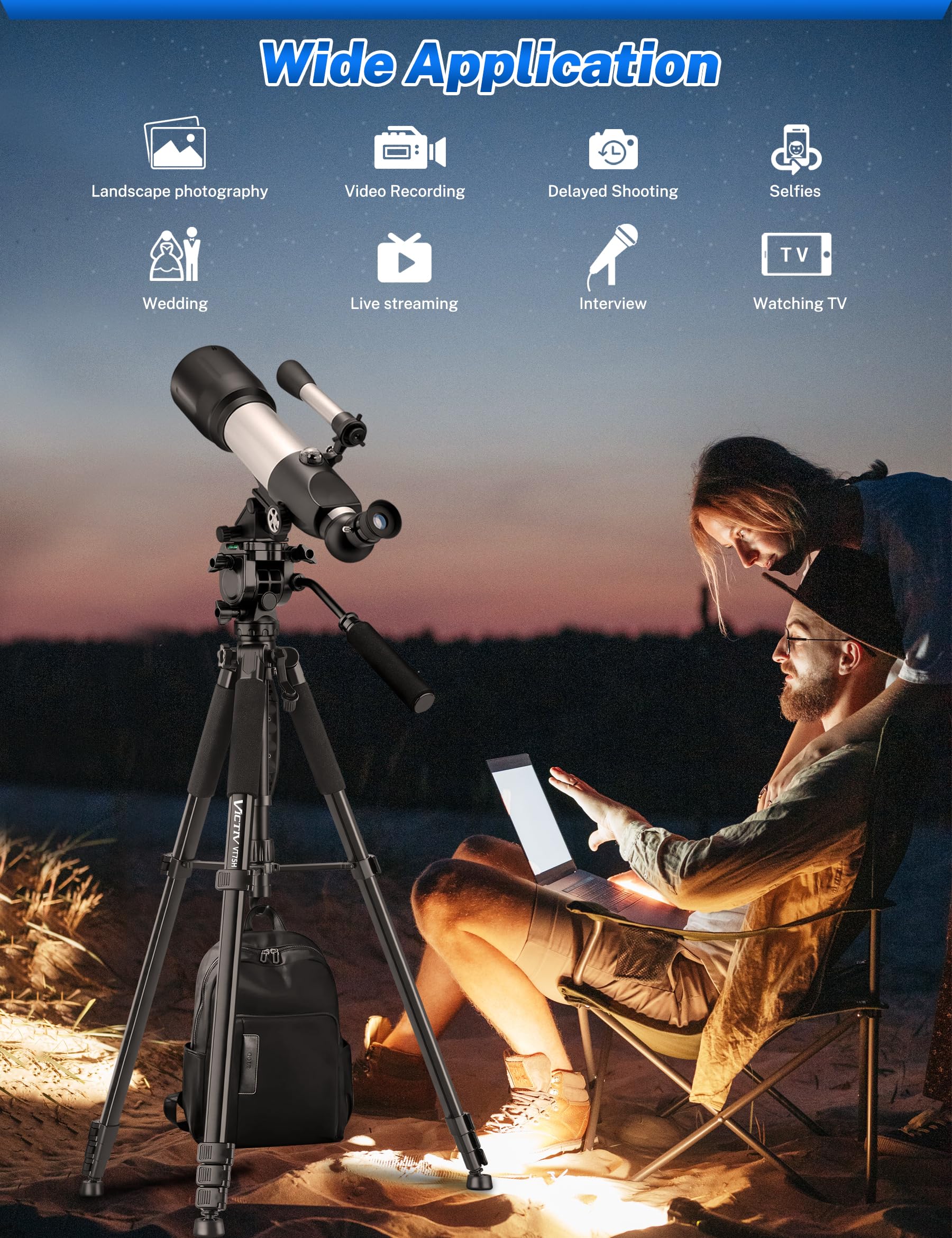 Victiv 75" Camera Tripod Stand, Heavy Duty & Ultra-Stable For Video Camera/Dslr/Cell Phone/Camcorder/Spotting Scopes, Professional Aluminum, Tall For Video Recording