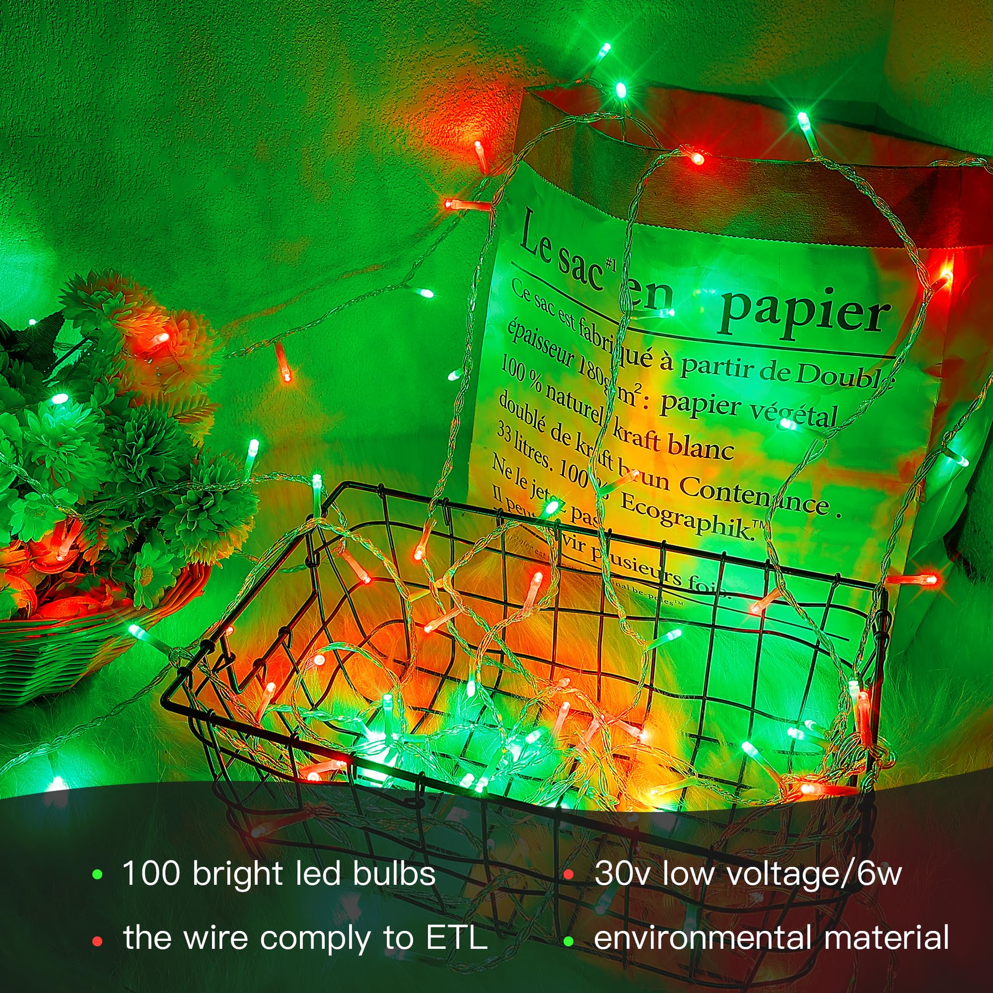Hopolon Christmas Lights Outdoor Indoor,Red And Green 100 Led Christmas String Lights,33Ft Extendable Waterproof Clear Wire Twinkle Light Plug In For Xams Tree Wedding Party Yard Patio Garden