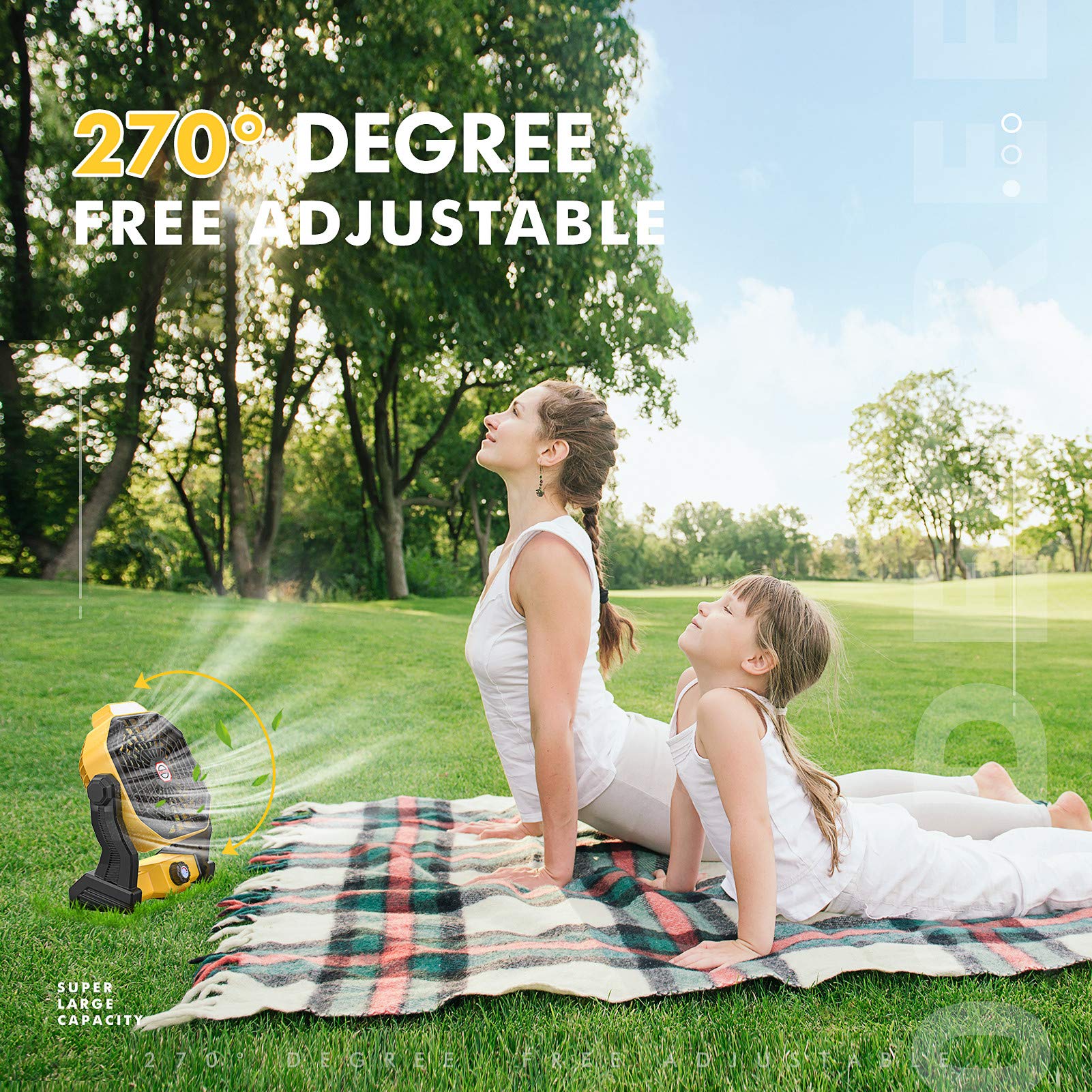 Side profile of the camping fan showing airflow direction and modern design