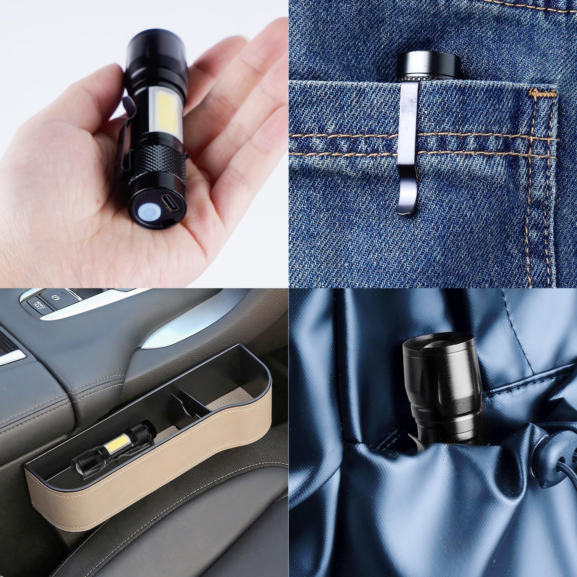 Kunhe Rechargeable Flashlights Usb-C Stocking Stuffers Small Led Lantern Flashlights Bright Clip-On Light Edc Flash Light With Side Cob Light For Camping Home Emergency 4 Pack