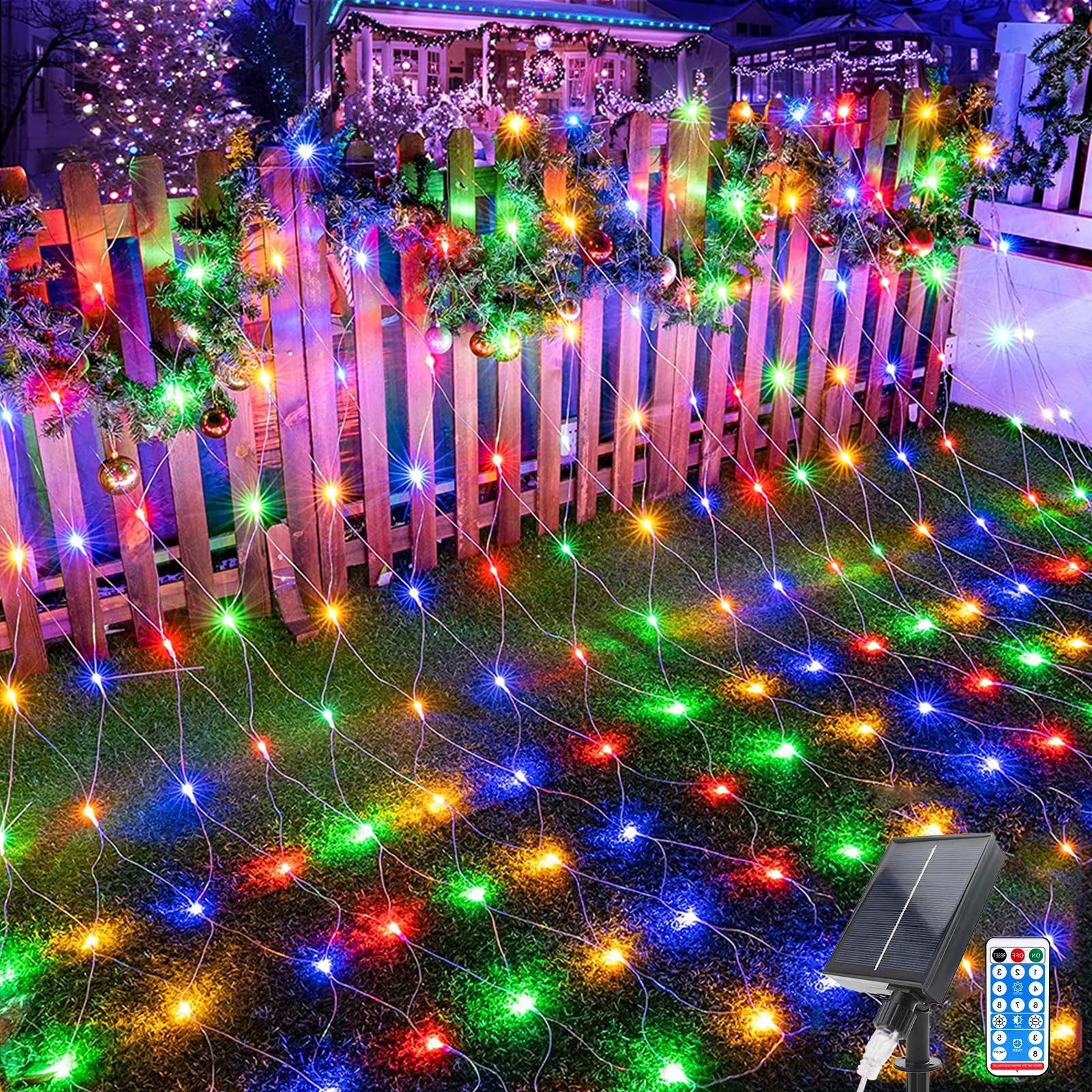 Acxilexy Outdoor Solar Light Netting, 2 M X 3 M, 198 Leds String Lights With 8 Modes, Remote Control, Waterproof String Lights Net For Christmas Bushes Fence Gardens