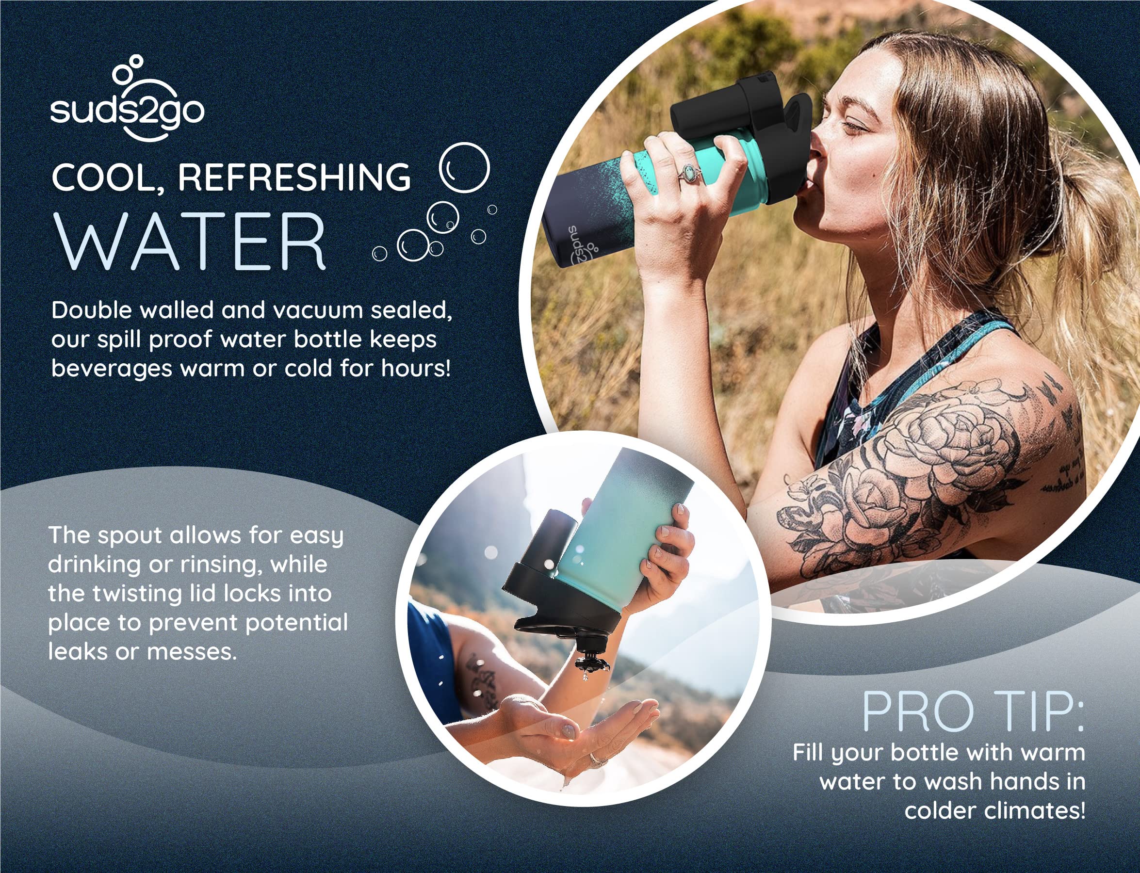 Portable Stainless Steel Water Bottle And Hand Wash System (20Oz) - Double Walled