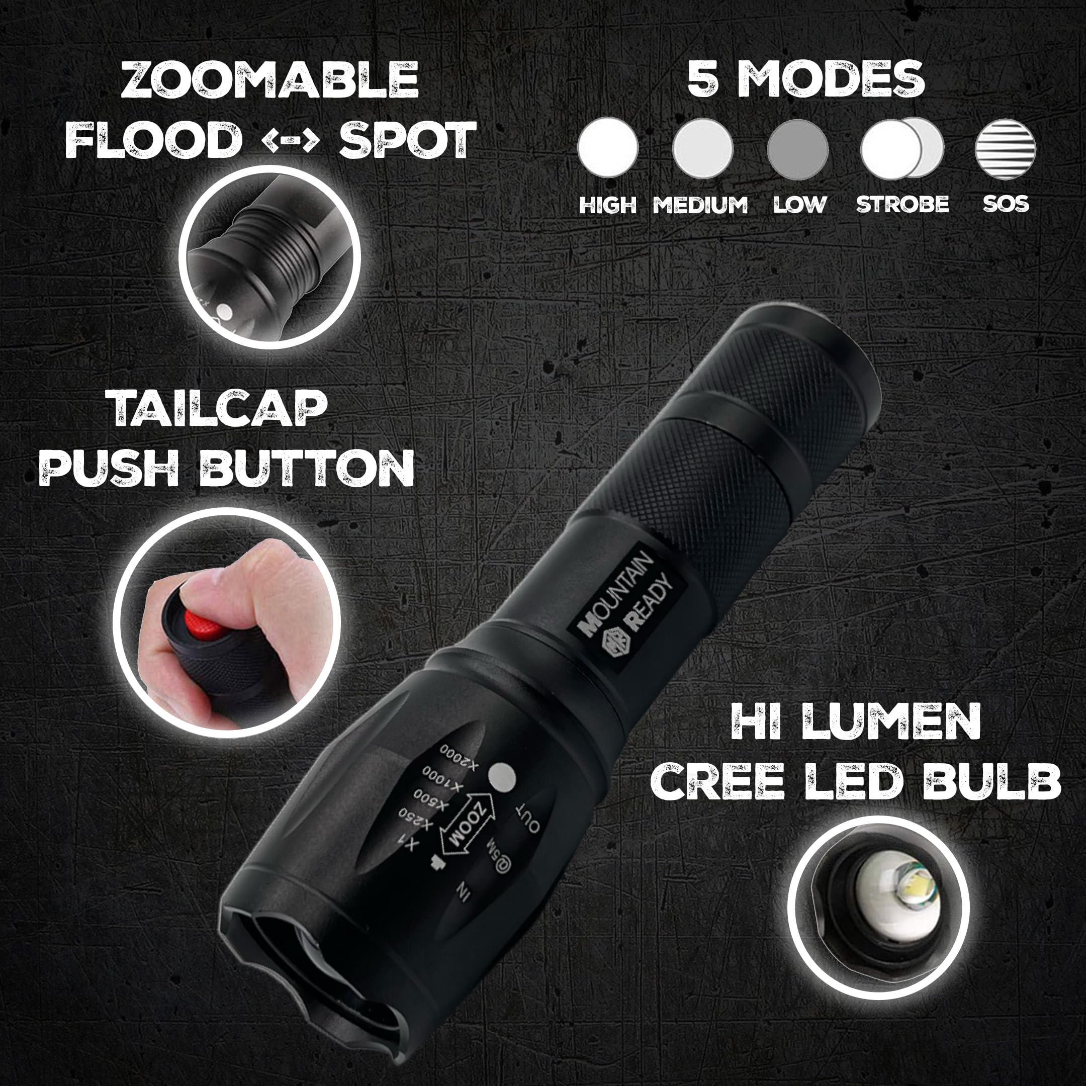 Mountain Ready Led Flashlight – Bright, Zoomable, High Lumen 5-Mode Tactical Flashlight – Aaa Batteries & Case Included. Perfect For Emergencies, Outdoors, Camping, Edc Or A .
