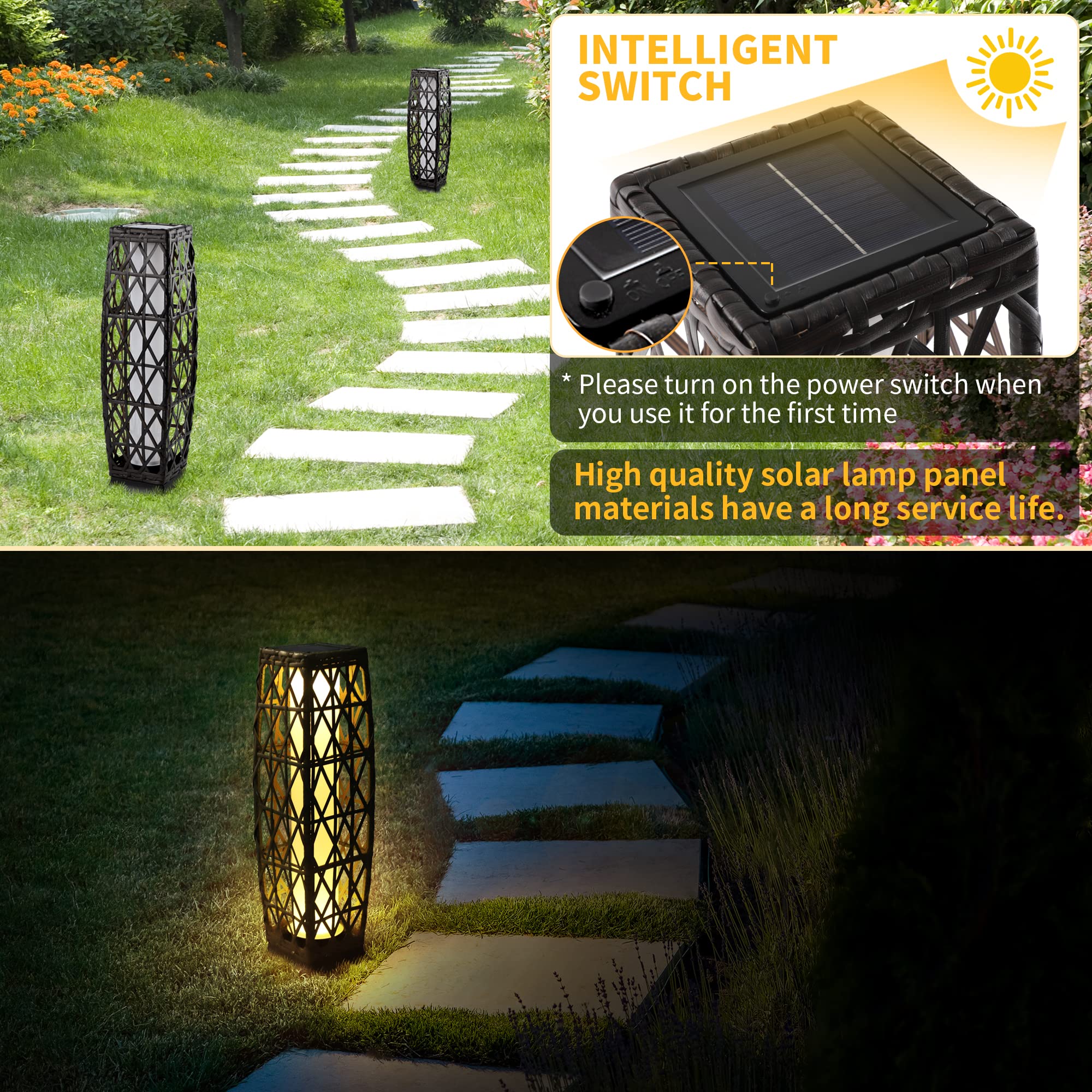 Olymsold Solar Floor Lamp,Outdoor Floor Lamp,Solar Lanterns Outdoor Waterproof,Solar Powered Resin Wicker Outdoor Solar Lamp,Weather-Resistant Rattan Deck Light For Porch, Garden,Patio,Deck
