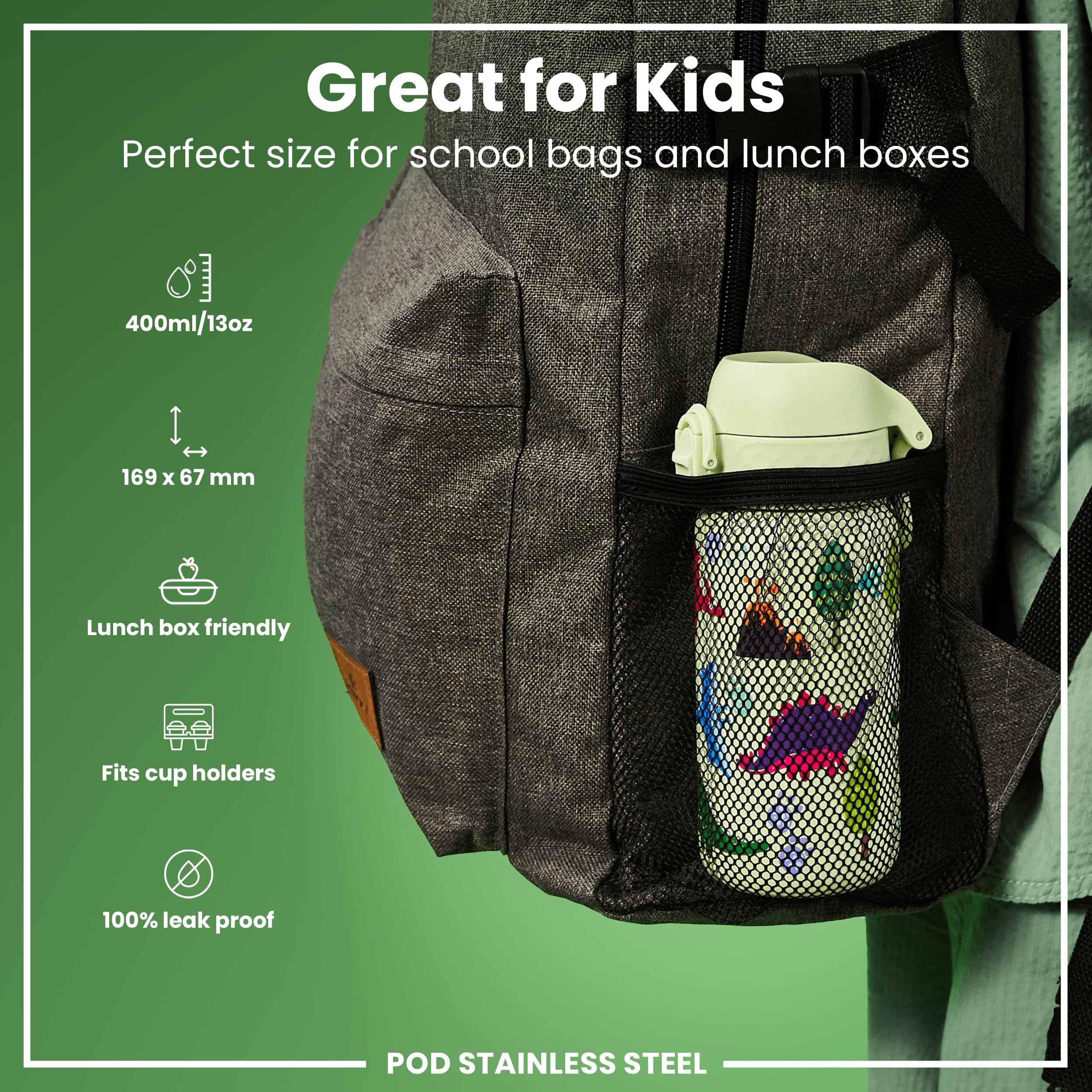 Ion8 Kids Water Bottle, Steel 400 Ml/13 Oz, Leak Proof, Easy To Open, Secure Lock, Dishwasher Safe
