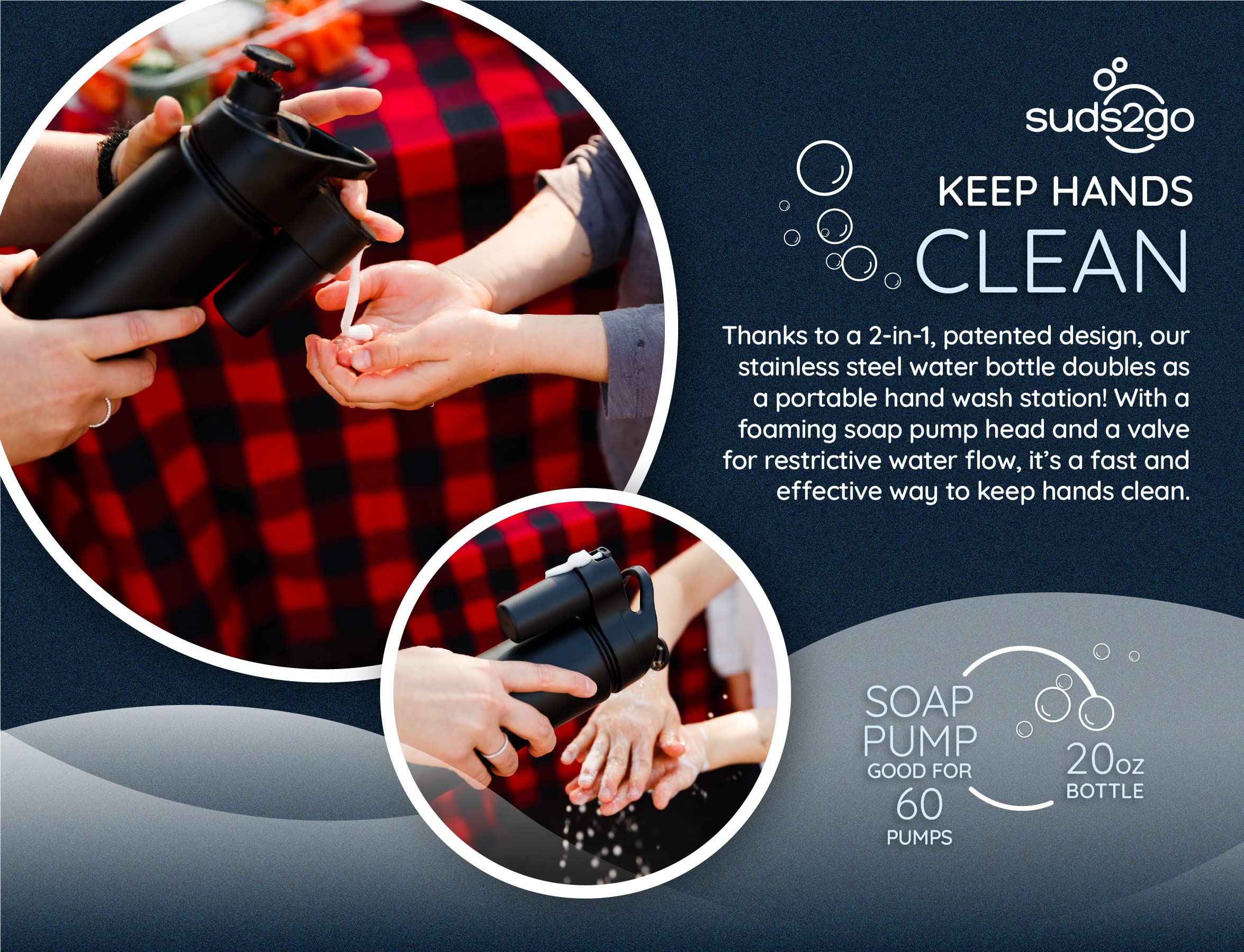 Portable Stainless Steel Water Bottle And Hand Wash System (20Oz) - Double Walled