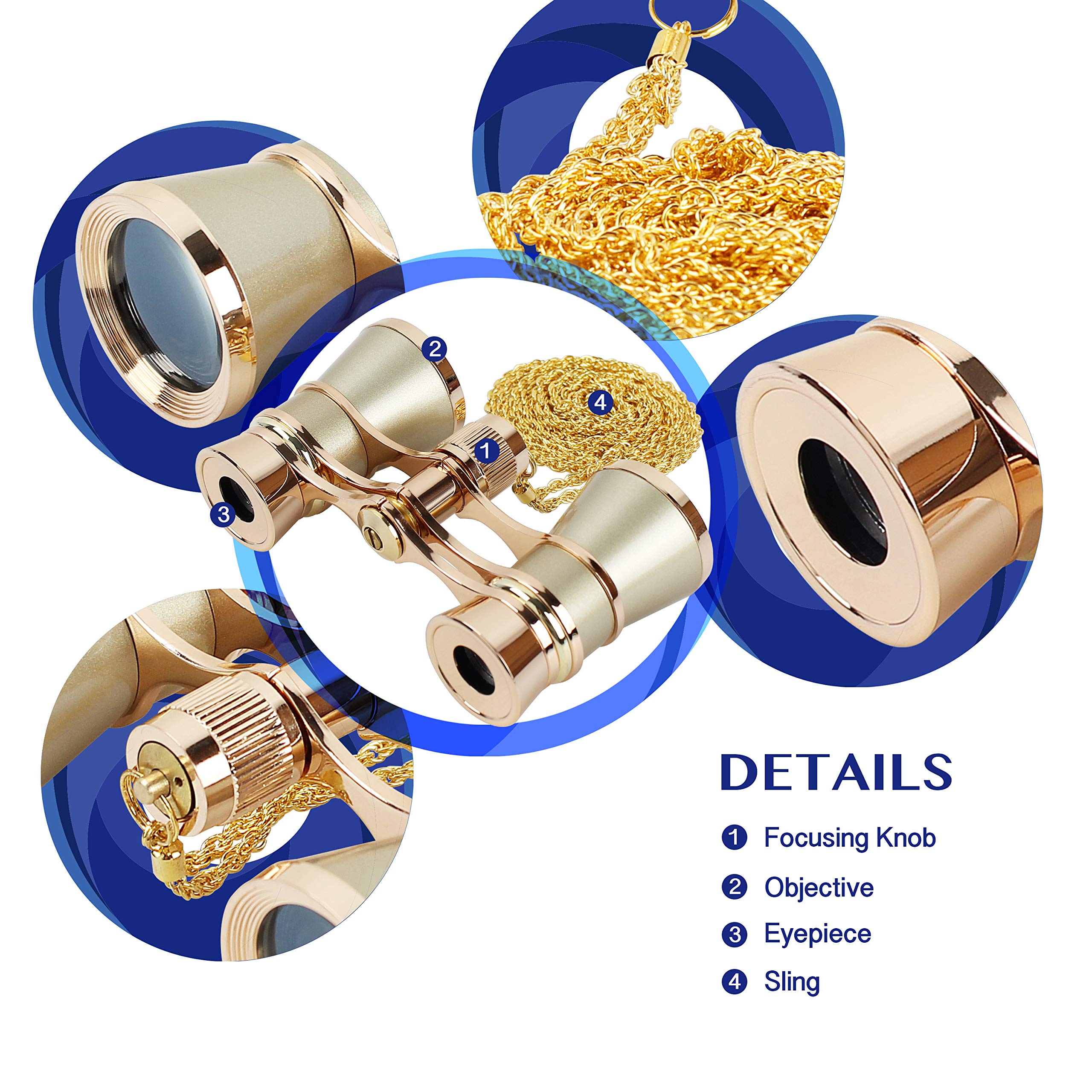 Aomekie Opera Glasses Binoculars 3X25 Theater Glasses Mini Binocular Compact With Chain For Adults Women Kids In Musical Concert(Gold)