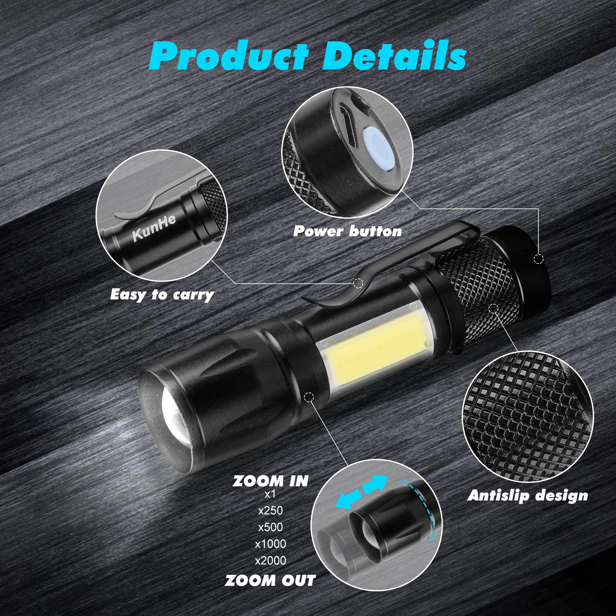 Kunhe Rechargeable Flashlights Usb-C Stocking Stuffers Small Led Lantern Flashlights Bright Clip-On Light Edc Flash Light With Side Cob Light For Camping Home Emergency 4 Pack