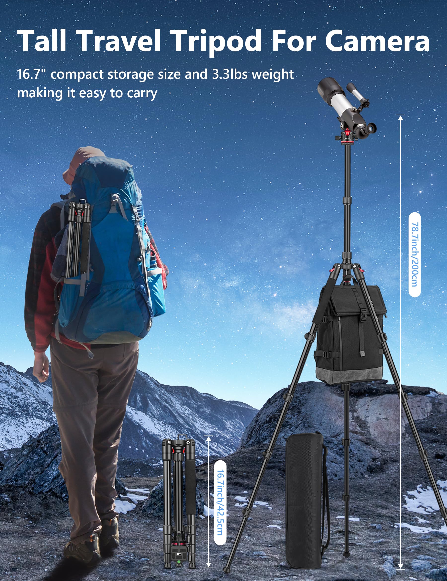 Victiv 78" Aluminum Camera Tripods & Monopods, Compact Travel Tripod For Camera Dslr, Spotting Scope,Telescope, Binoculars, Porfessional Heavy Duty Camera Stand For Photography Video Recording