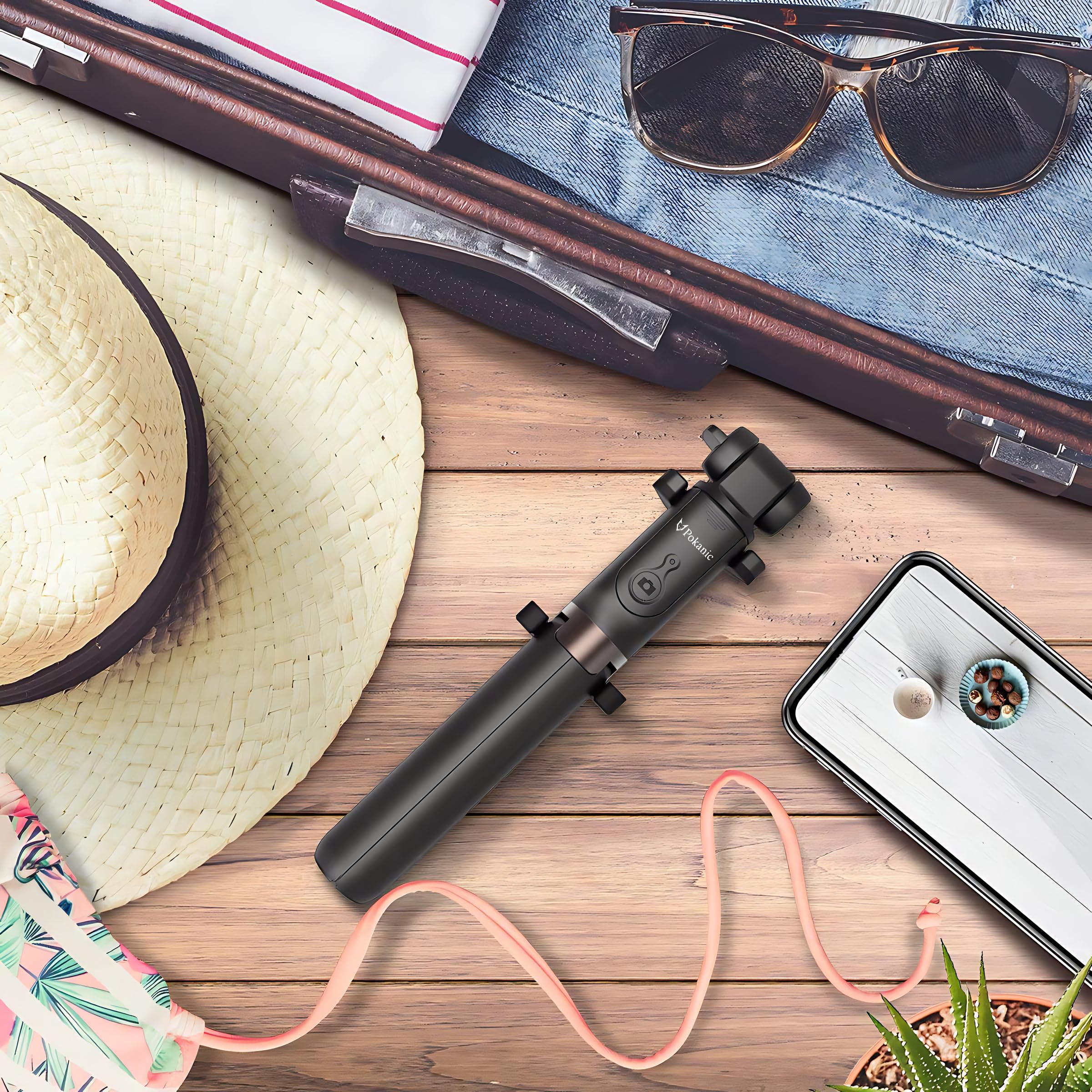 Pokanic Selfie Stick Tripod With Wireless Remote Controller Pouch Extendable Adjustable Stand Mount Light-Weight V-Log Compatible With All Apple Iphone, Samsung Galaxy (Black)