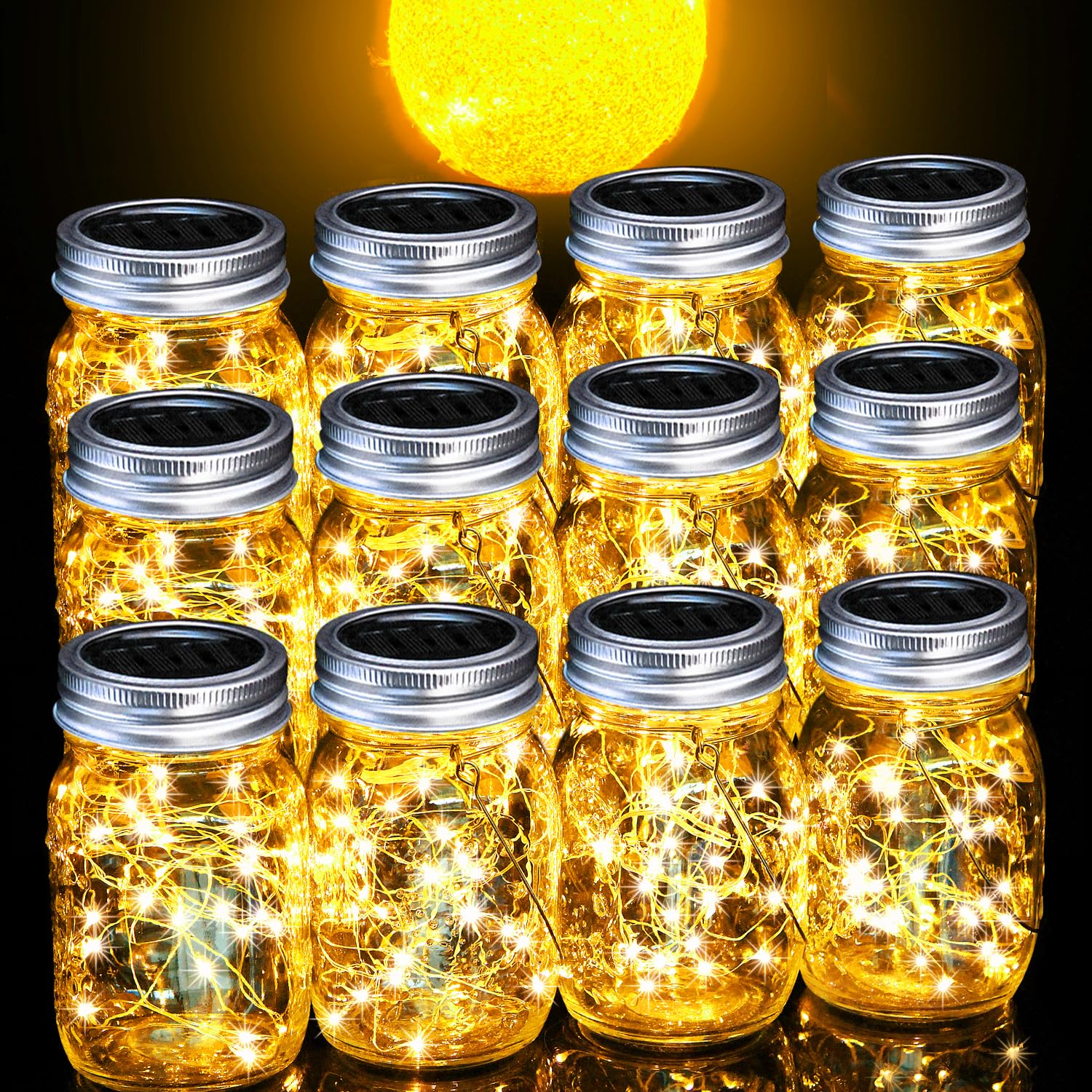 Cooo 12 Pack Crystal Glass Solar Lanterns Outdoor Waterproof 30Led Mason Jar Lights Solar Powered Garden Household Lamp Sets(Just A Little More, Get Double The Delight -12 Sets Warm White)