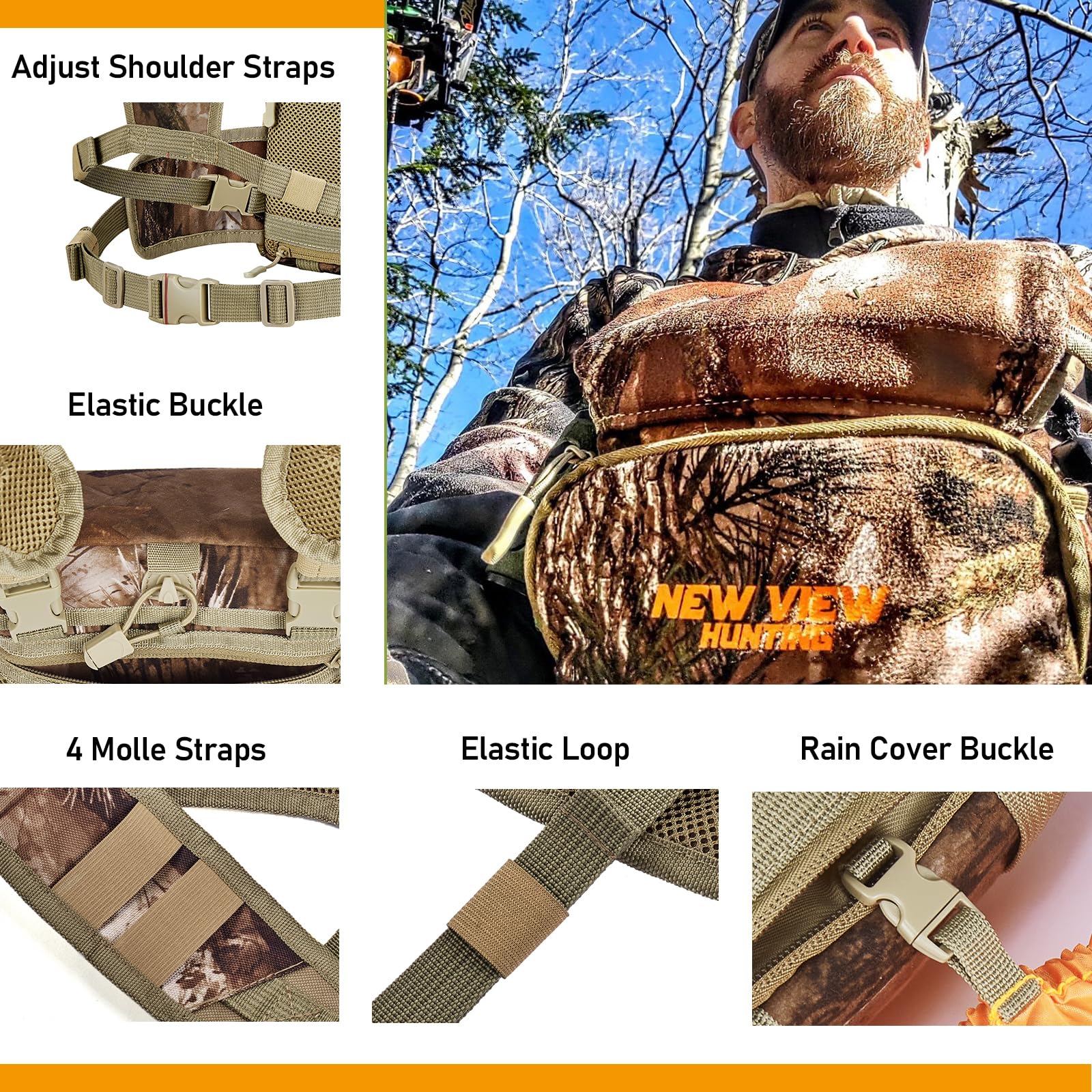 Binocular Harness Chest Pack With Detachable Rangefinder Pouch, Adjustable Bino Harness & Rain Cover, Ideal For Hunting, Hiking - Camo & Quiet L