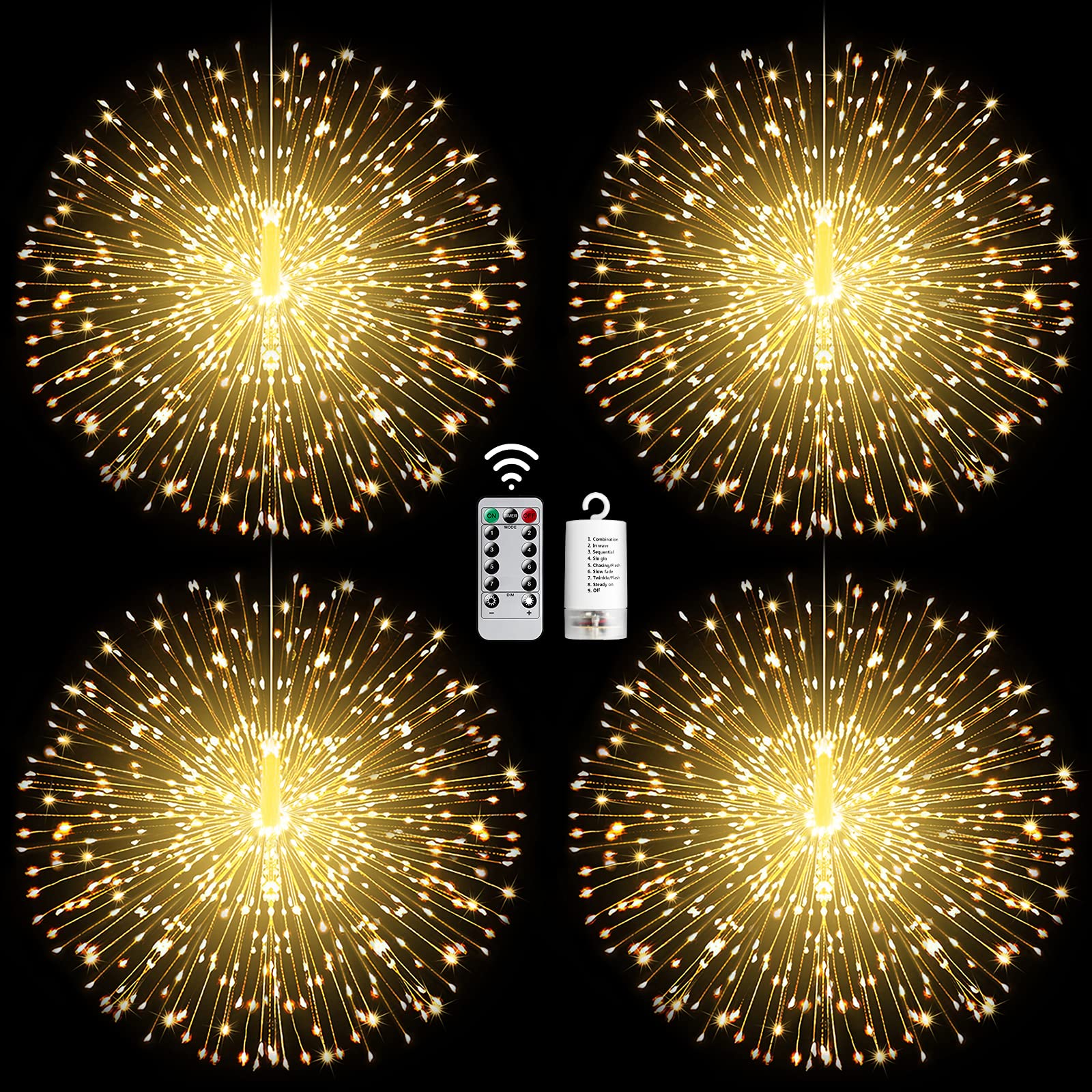 Admitrack 4 Pack String Lights - 225 Led 8 Modes Dimmable With Remote Control, Waterproof Copper Wire Decorative Hanging Bursting Star Lights For Party, Patio, Garden Decoration (Warm White)