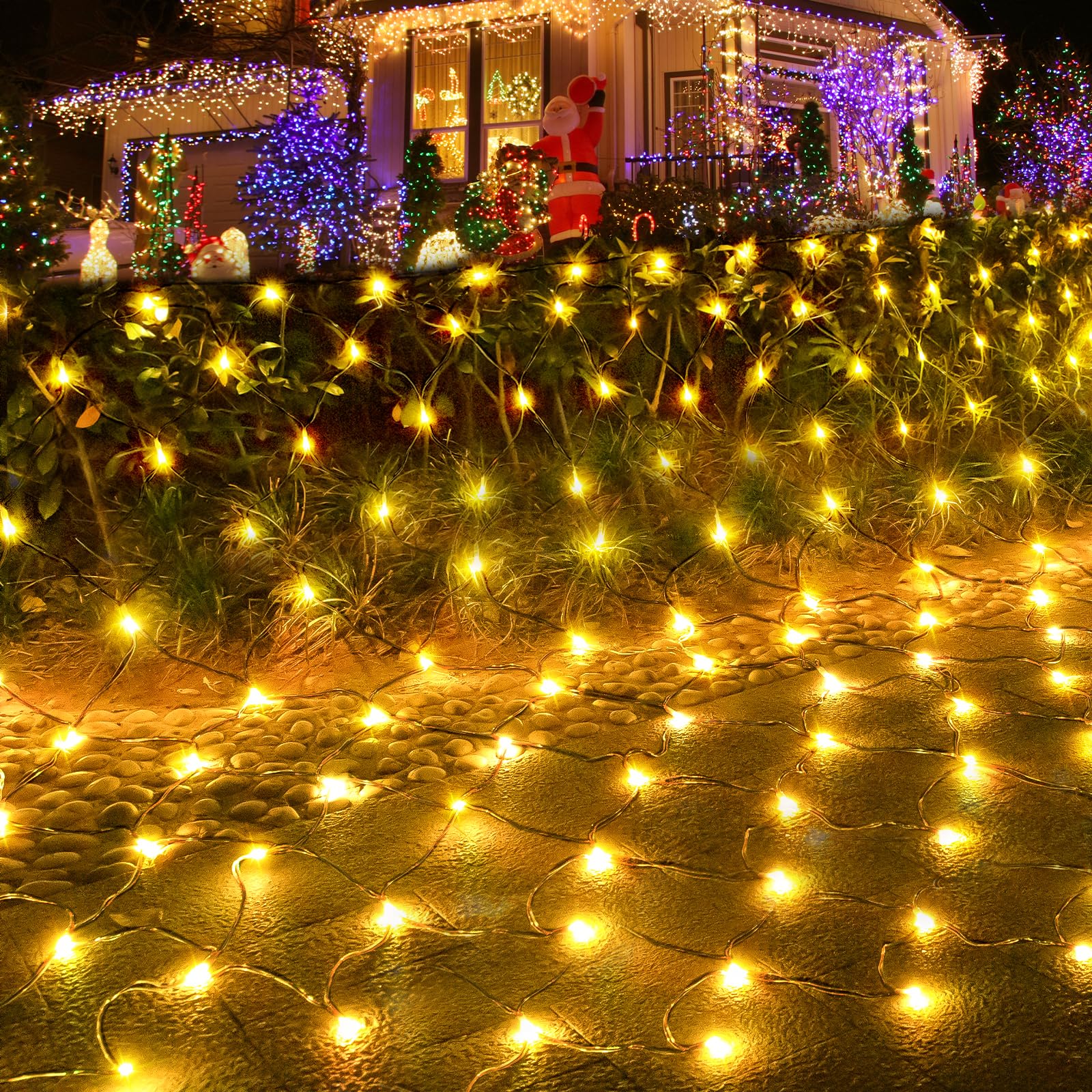 Pooqla Net Lights, 300Led Christmas Outdoor Mesh, 14.8X4.9 Ft Fairy String 8 Modes Green Wire, Connectable Waterproof Decorative For Bushes Tree Garden Halloween, Warm White