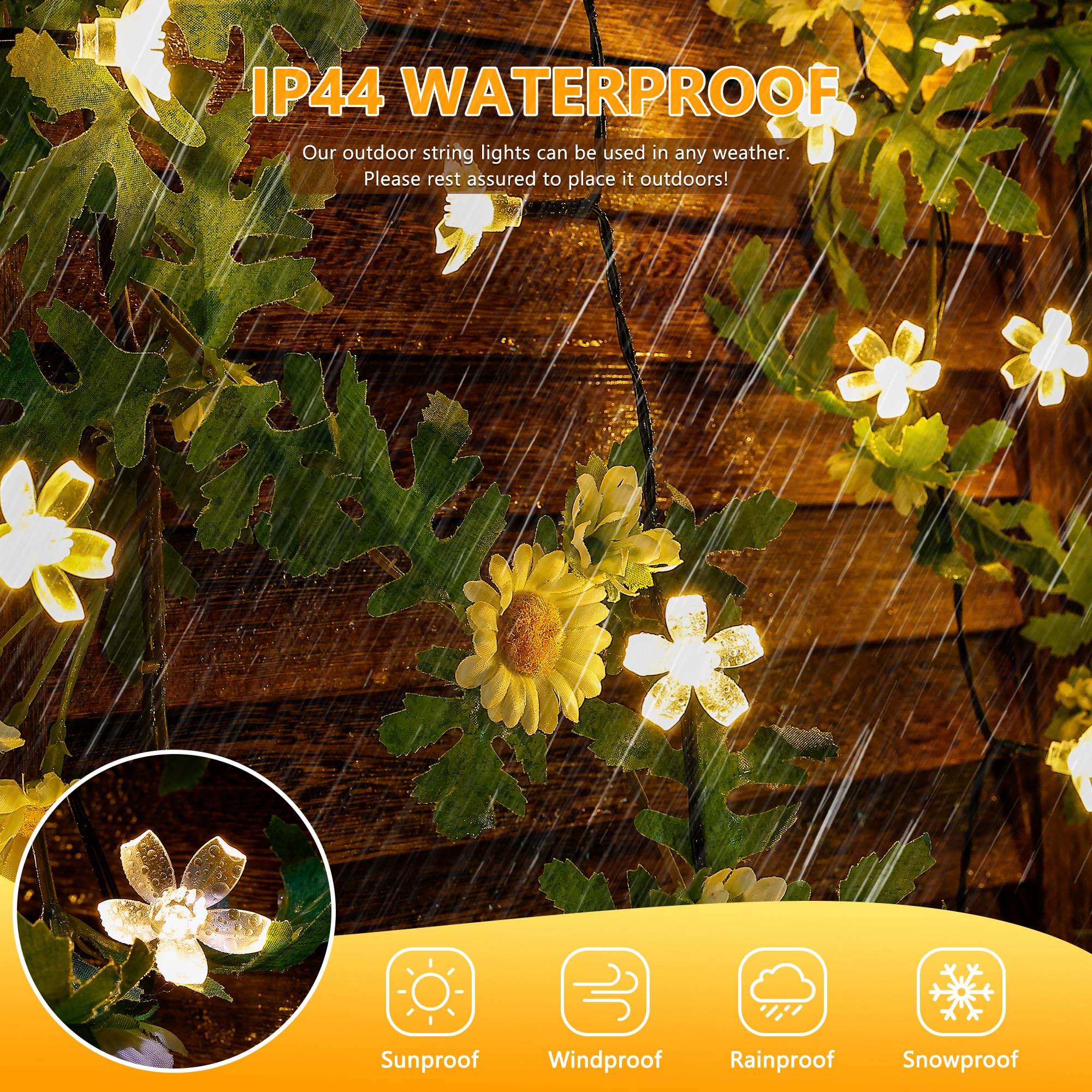 Oopswow Solar Flower String Lights,2Pack 50 Led Solar Fairy Light Outdoor Waterproof,Cherry Blossoms String Lights For Fence Patio Yard Christmas Tree,Lawn,Patio,Garden Decoration(Warm White)