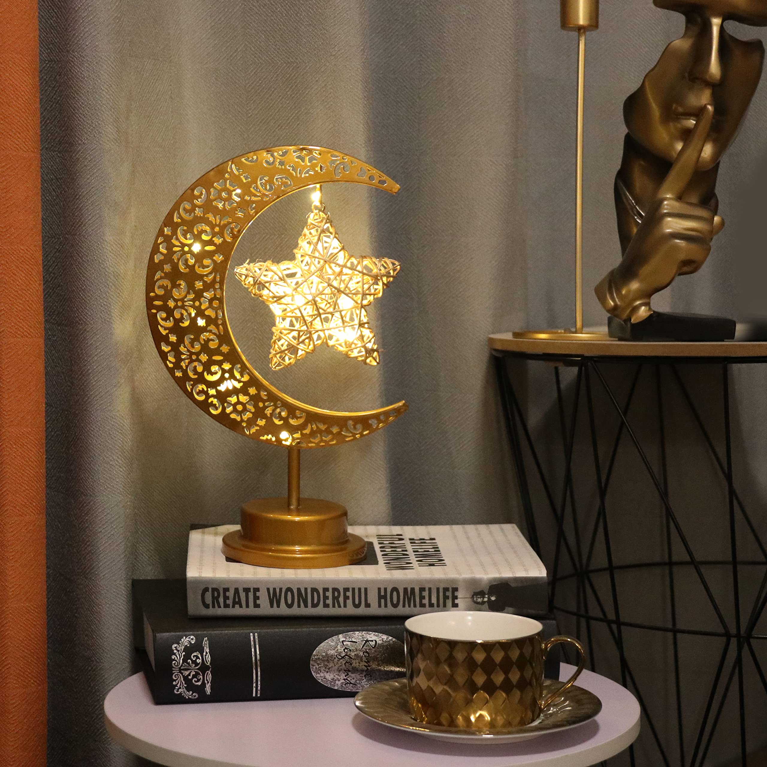 Guocheng Enchanted Lunar Lamp Moon Shaped Table Lamps, Led Crescent Night Light Magic Hanging Moon Lamp Decor, Home Bedroom Bedside Desktop Nightstand Decorative (Rattan Star)