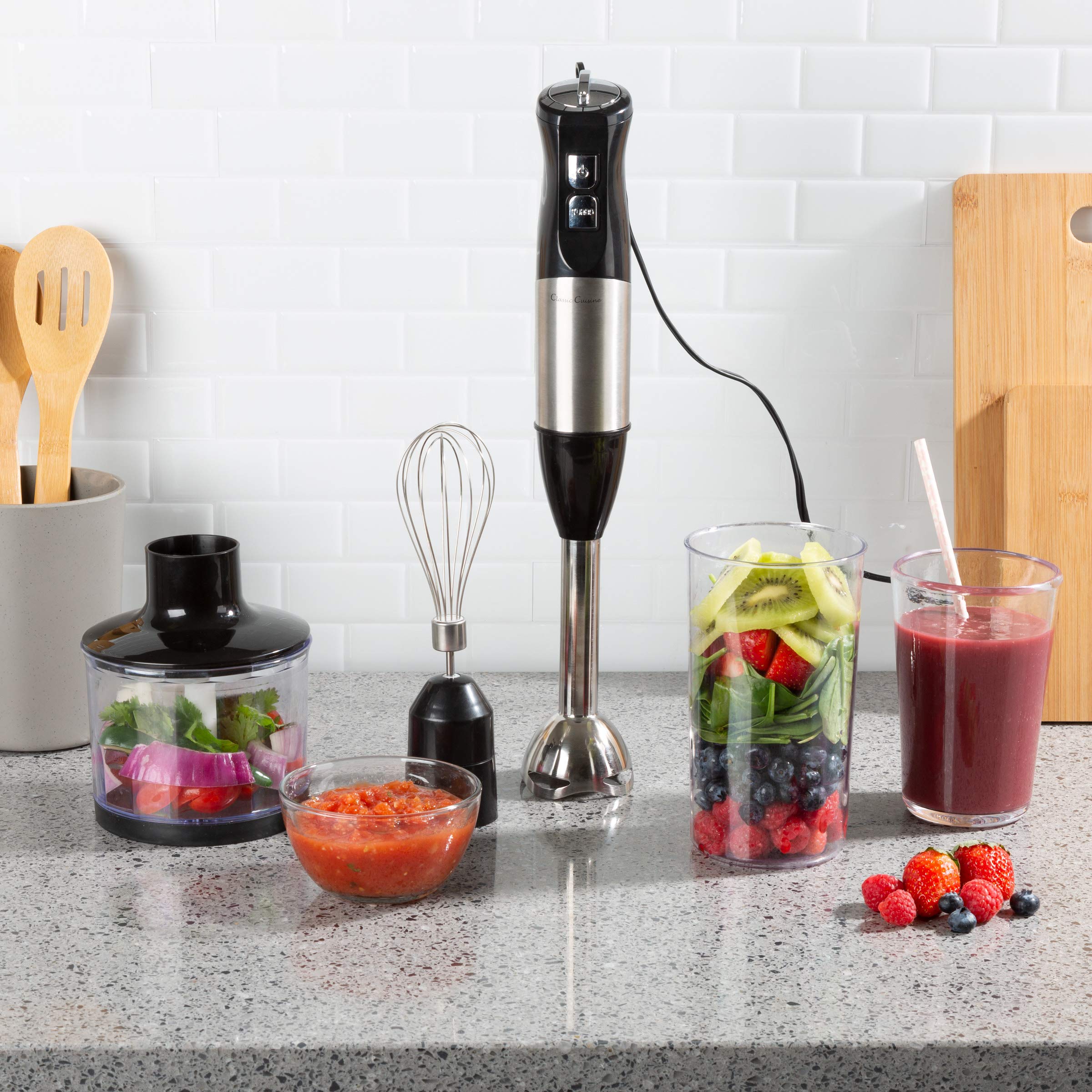 Classic Cuisine Immersion Blender-4-In-1 6 Speed Hand Mixer Set Whisk, Food Processor Cup, 32Oz. Beaker, For Soup, Milkshakes, Salsa, Black