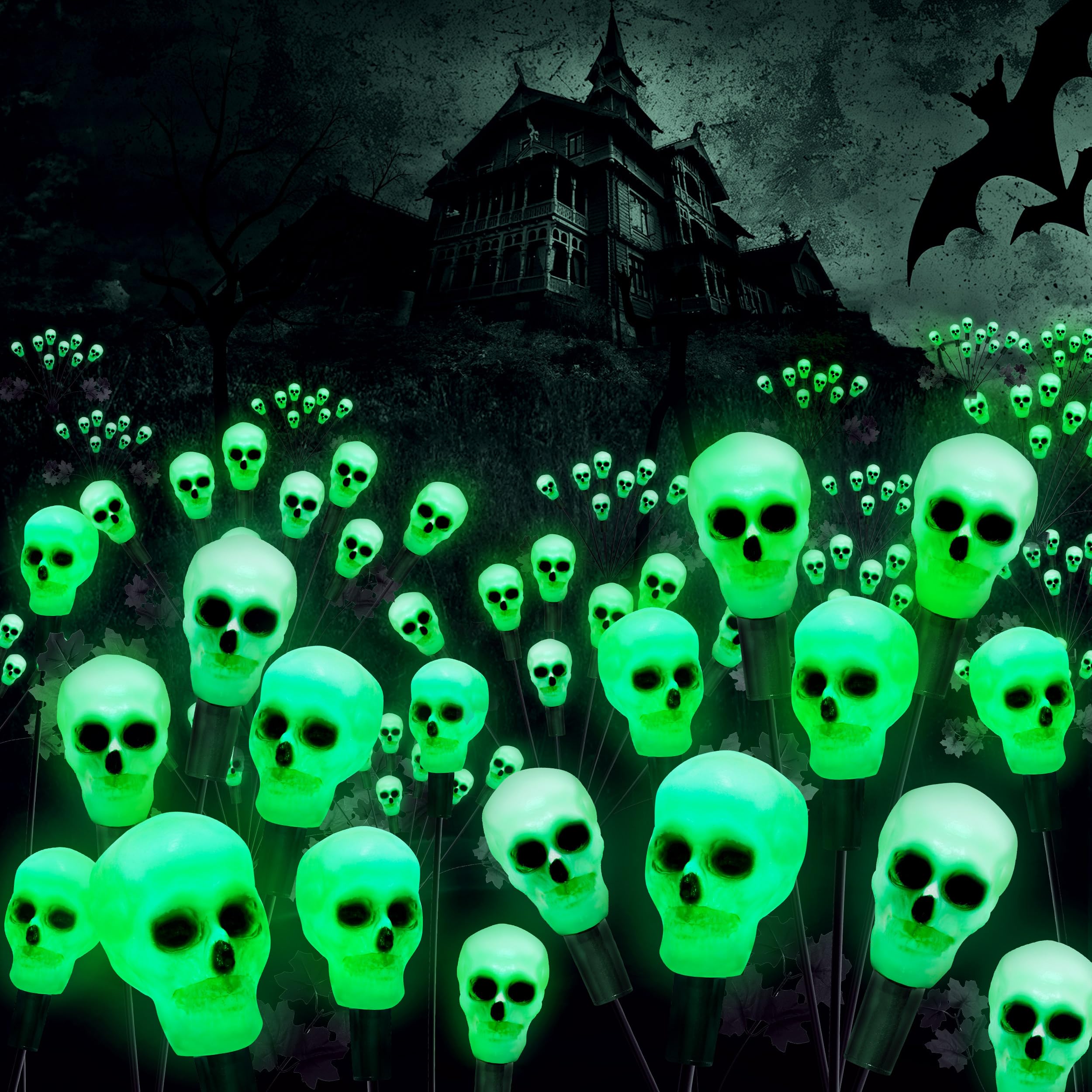 Jimerf 2 Pack 16Led Solar Skull Halloween Lights - Ip65 Waterproof Outdoor Decorations, Scary Swaying Firefly Lights For Garden, Patio, Yard, Lawn Decor