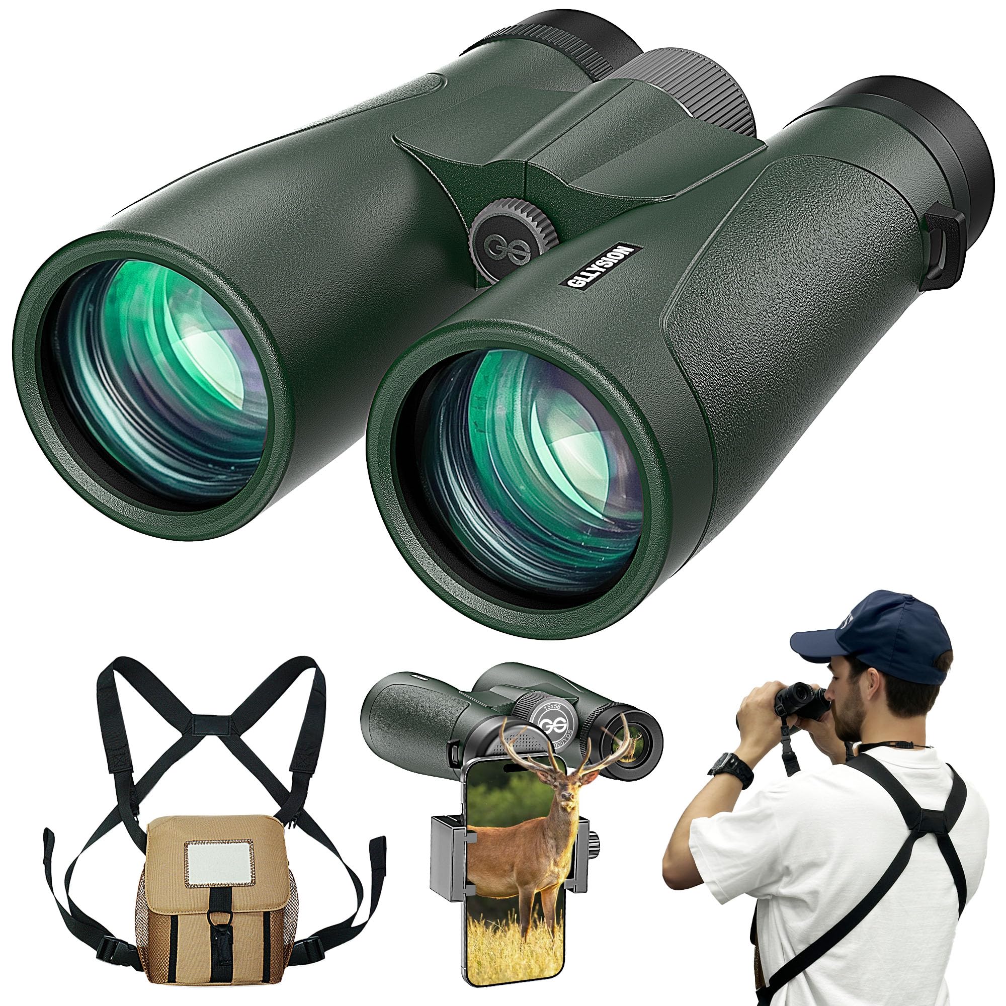 Gllysion 15X56 Professional Uhd Binoculars For Adults High Powered With Phone Adapter And Harness, Super Bright Waterproof Binoculars For Hunting Stargazing Bird Watching Hiking Travel
