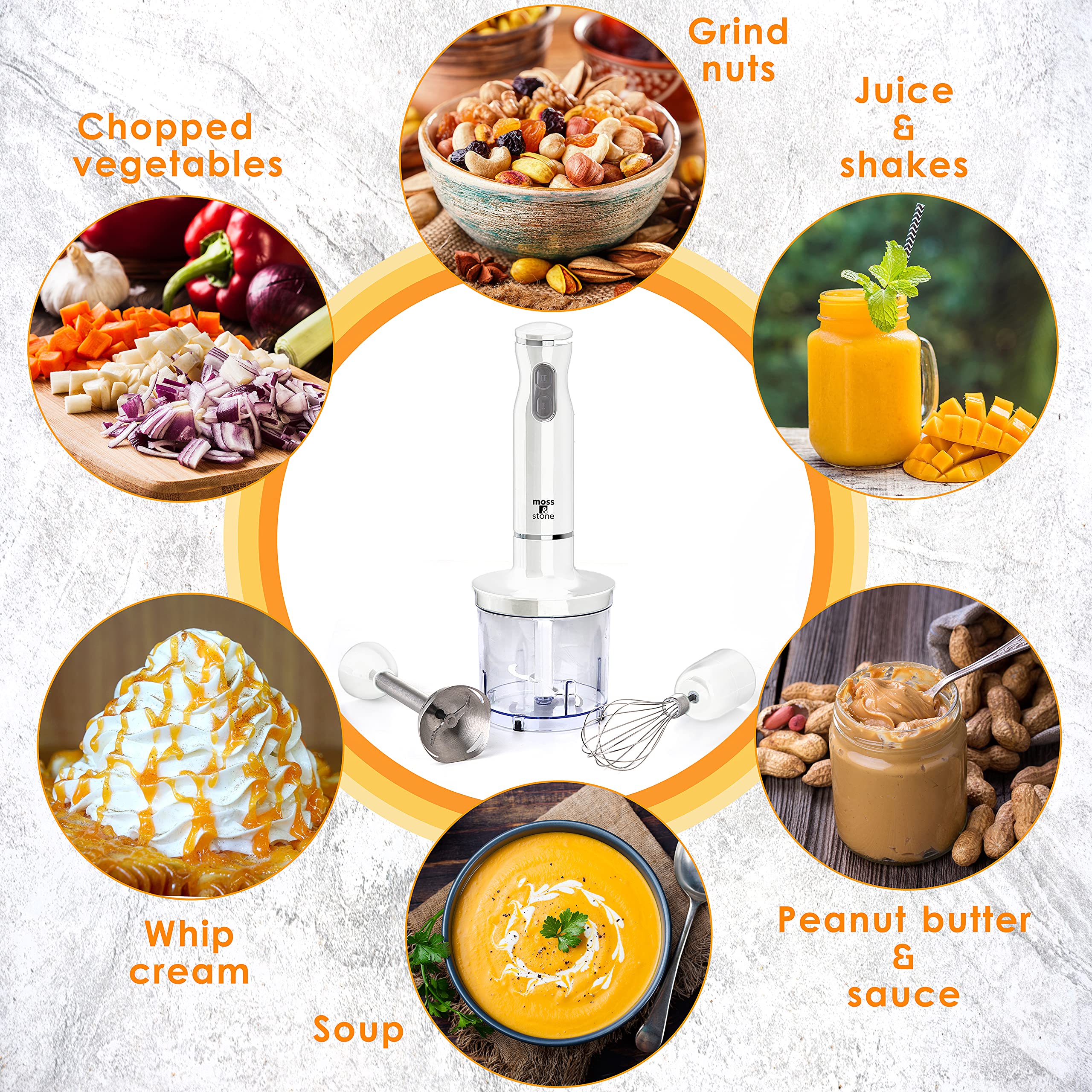 Moss & Stone Hand Blender With Egg Whisk & Chopper, Powerful 300 Watt Stick Blender, Hand Mixer Set Stainless Steel Shaft & Blades, White Handheld Blender With Ergonomic Handle