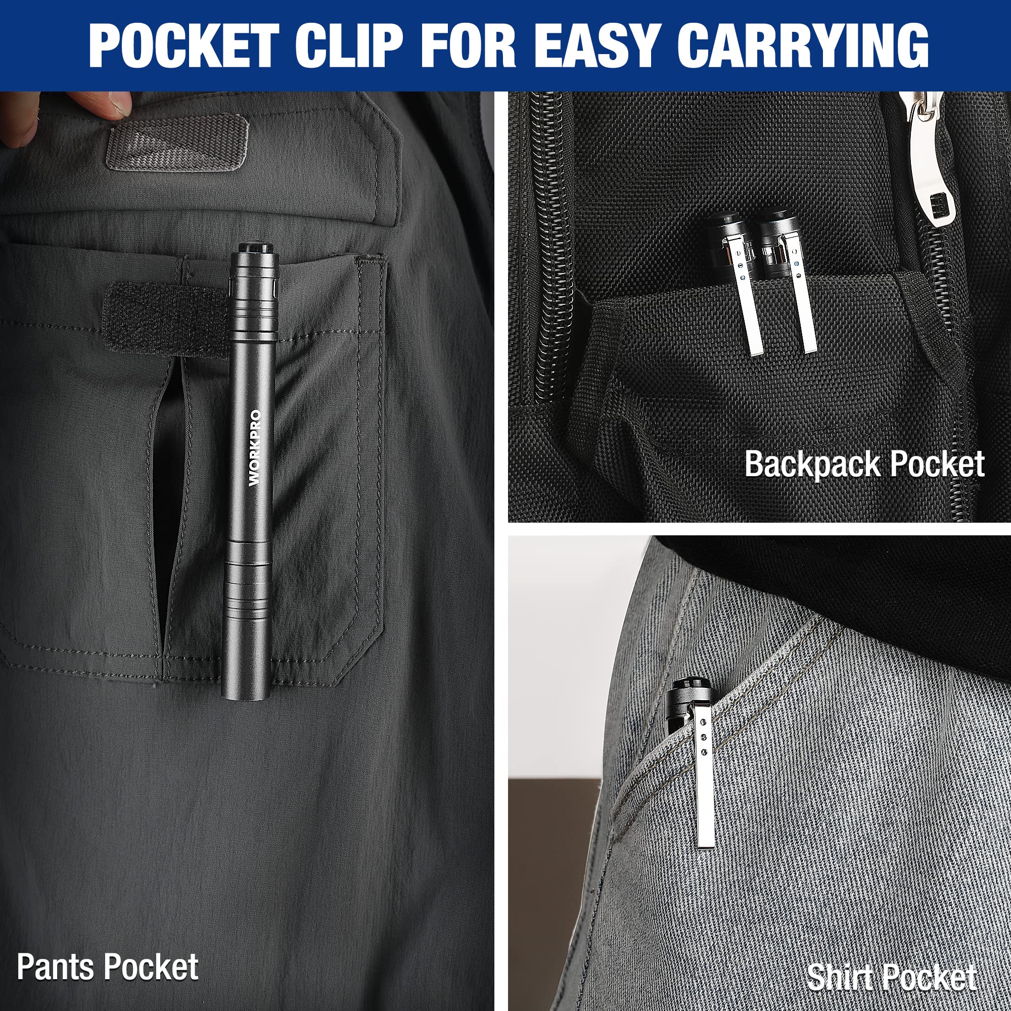 Workpro Led Pen Light, Aluminum Pen Flashlights, Pocket Flashlight With Clip For Inspection, Emergency, Everyday, 2Aaa Batteries Include, Gray(4-Pack)