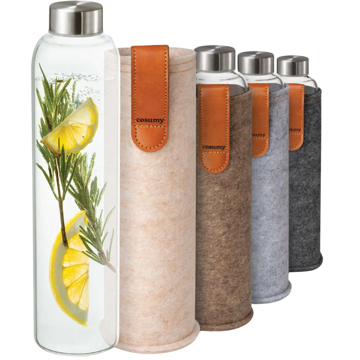 Glass Water Bottle 25Oz With Felt Sleeve - Borosilicate Glass - Leakproof Lid