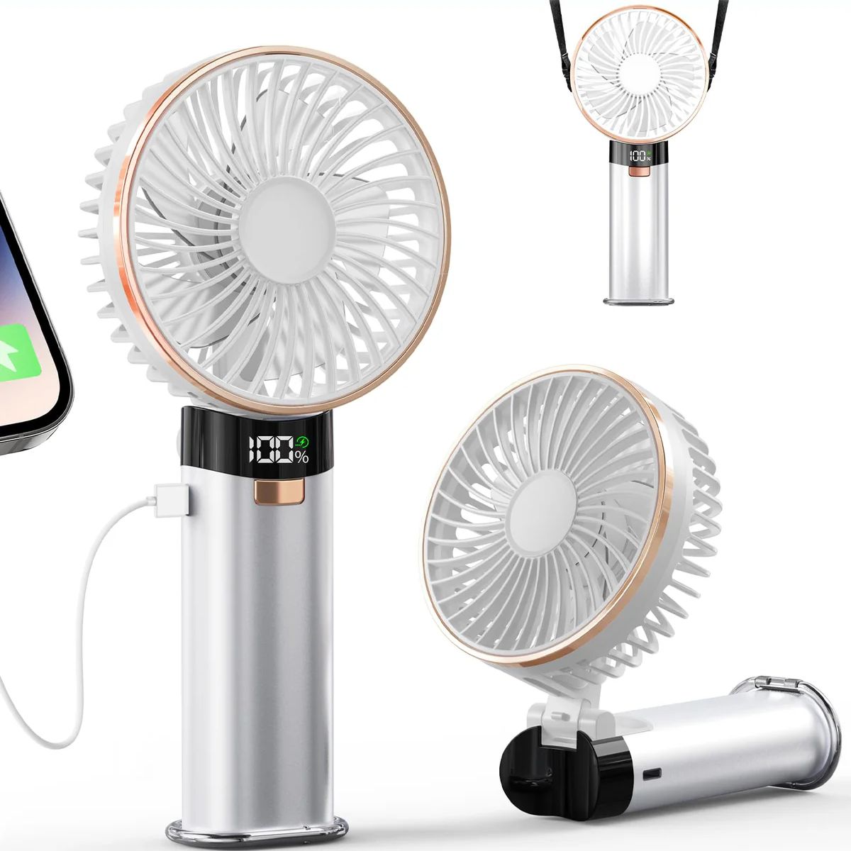 Beyyon portable handheld fan with 5200mAh battery, metal handle, 6 speeds, and 180° adjustable for flexible cooling