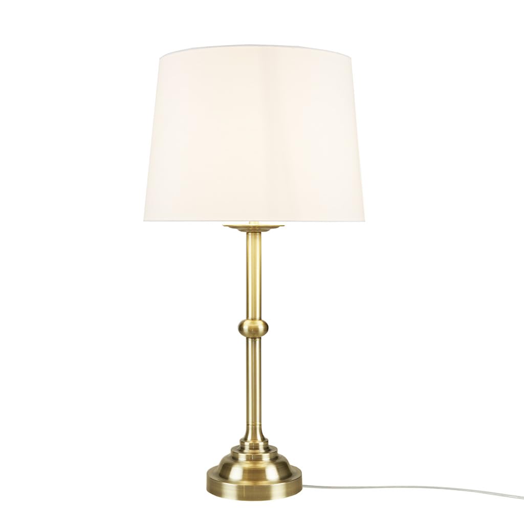 Hampton Hill Aelorian Table Lamp - Antiqued Brass Nightstand Bedside Lamp Bedford Collection, Farmhouse Study Lamp, Clear Polarized Cord, Socket Swtich, Empire Fabric Shade, 22.5" H
