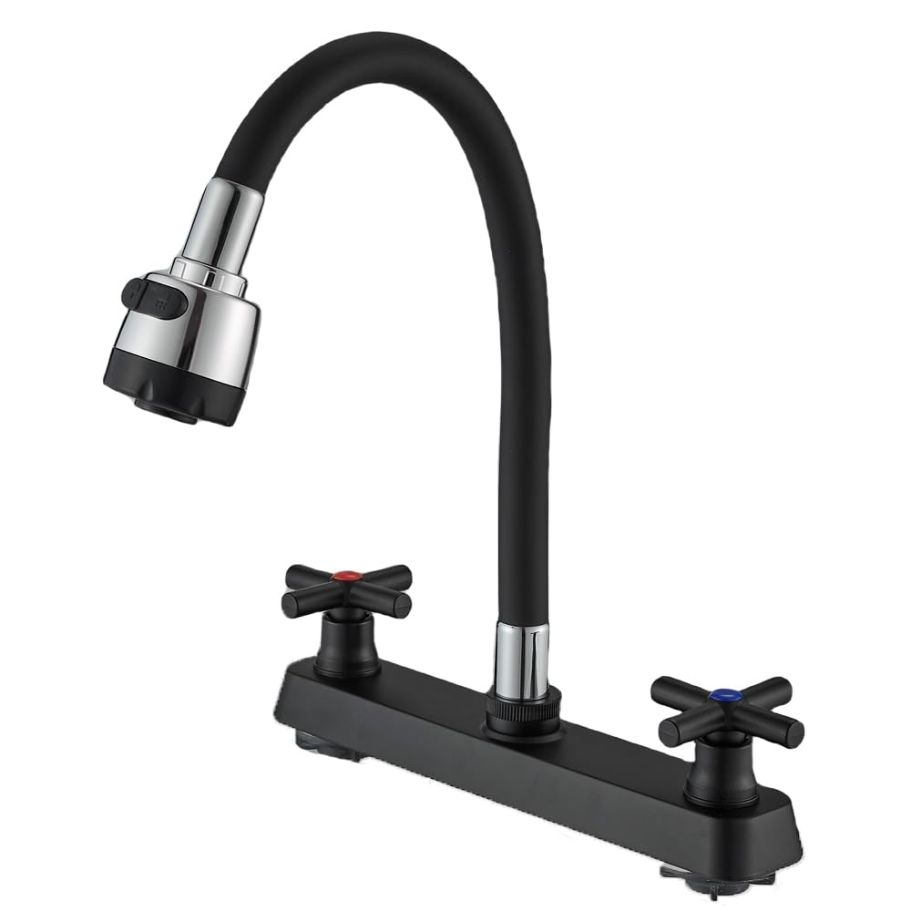 Weirun Rv Kitchen Faucet,Rv Kitchen Sink Faucet Replacement,Camper Faucet Kitchen With 2 Handles Flexible Arch 360 Swivel Flexible Dual Function Sprayer For Campers, Motorhomes, Travel Trailers Black
