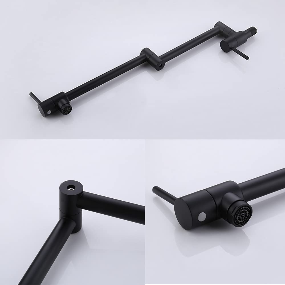 7Trees Kitchen Pot Filler Faucet Lead- Brass Double Joint Swing Arm Folding Sink Faucet Articulating Wall Mount Two Handle (Matte Black)